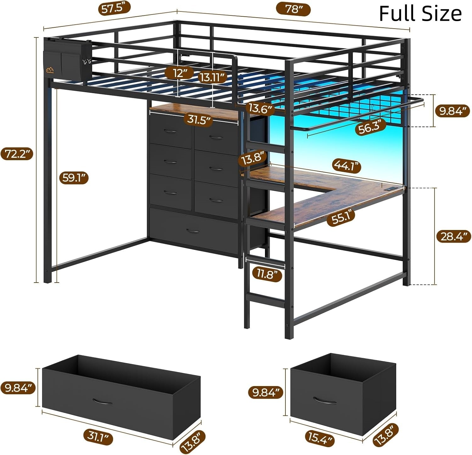 Mabor Twin/Full Size Loft Bed Frame with L-Shaped Desk & Charging Station & LED Lights & 7 Storage Drawers for Bedroom, Black/White