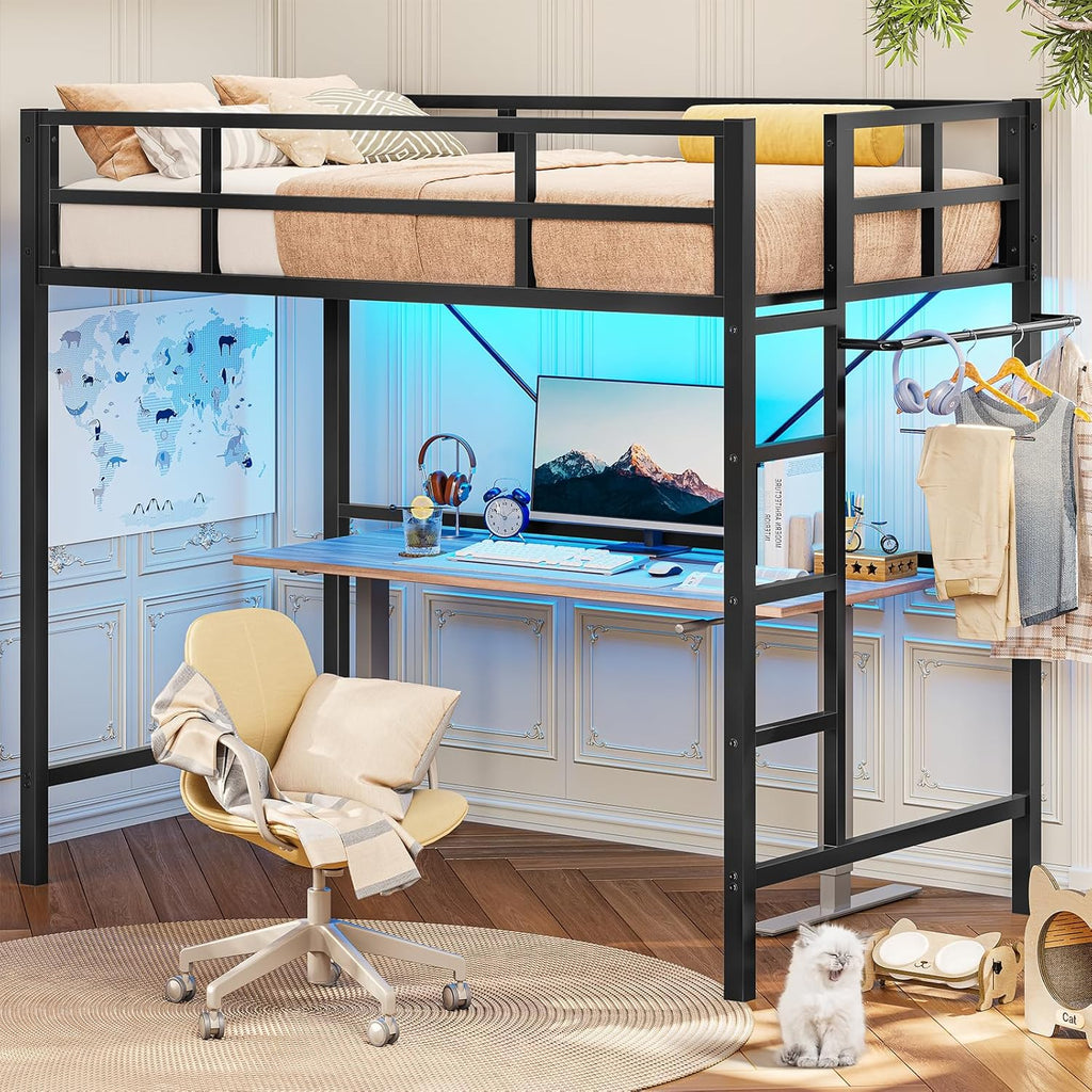 Twin Size Loft Bed Frame with Led Lights, Metal Loft Bed Frame with Full-Length Guardrail and Ladder, No Box Spring Needed, White