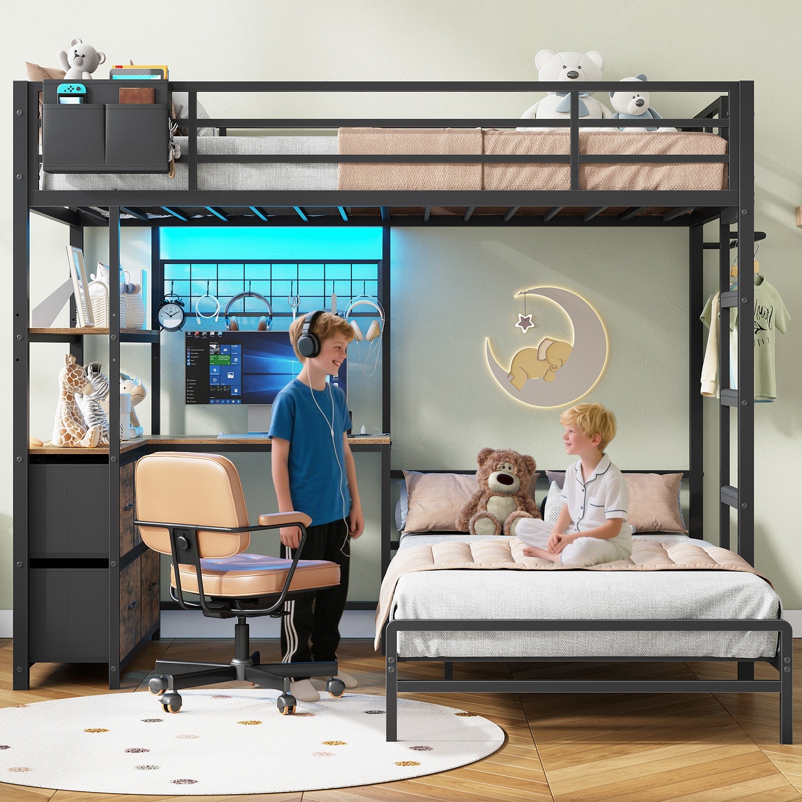 L-Shaped Bunk Bed Twin XL Over Twin Size Metal Bunk Bed with Charging Station and LED Lights and Drawers&Shelves for Bedroom, White