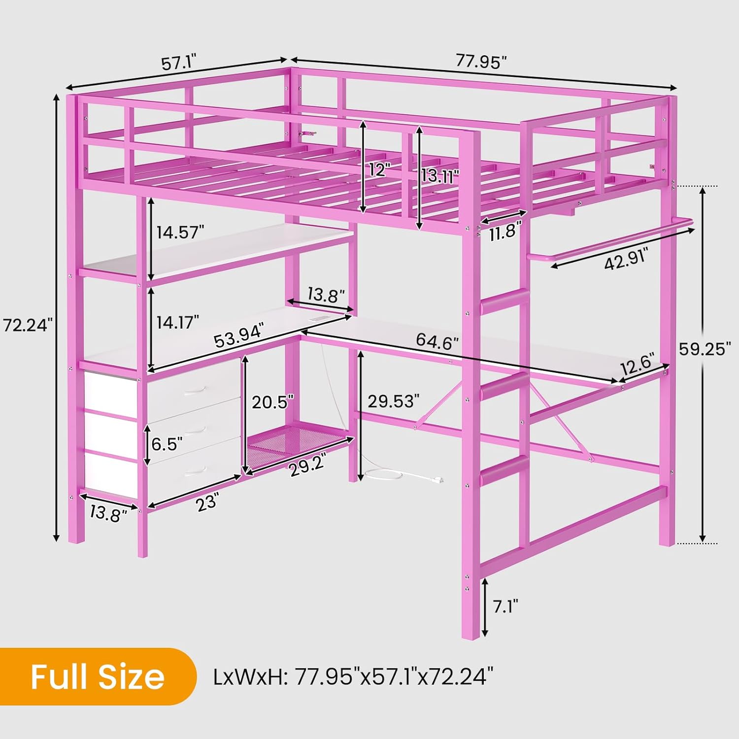 Full Size Loft Bed Frame with Desk&LED Lights&Charging Station&3 Storage Drawers, Black/White/Pink