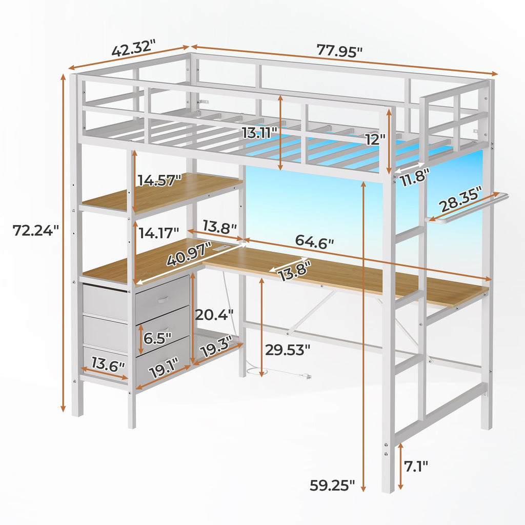 Twin Size Metal Loft Bed Frame with L-Shaped Desk&LED Lights&Charging Station, Black LED Loft Bed with 3 Storage Shelves&Drawers, No Box Spring Needed