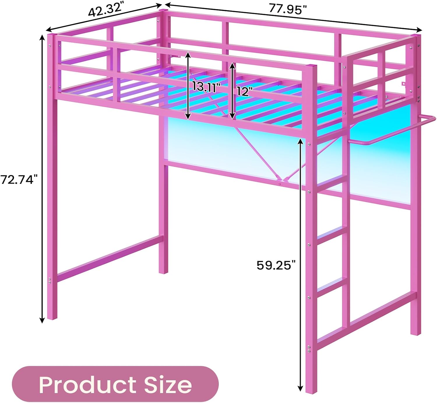 Twin Size Loft Bed Frame with Led Lights, Metal Loft Bed Frame with Full-Length Guardrail and Ladder, No Box Spring Needed, White