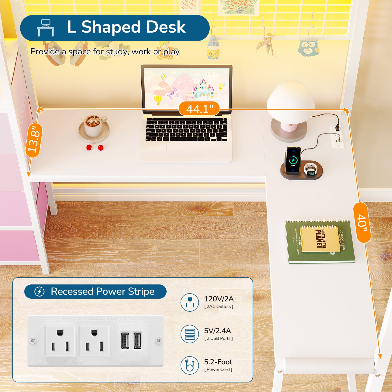 Mabor Twin/Full Size Loft Bed Frame with L-Shaped Desk & Charging Station & LED Lights & 7 Storage Drawers for Bedroom, Black/White