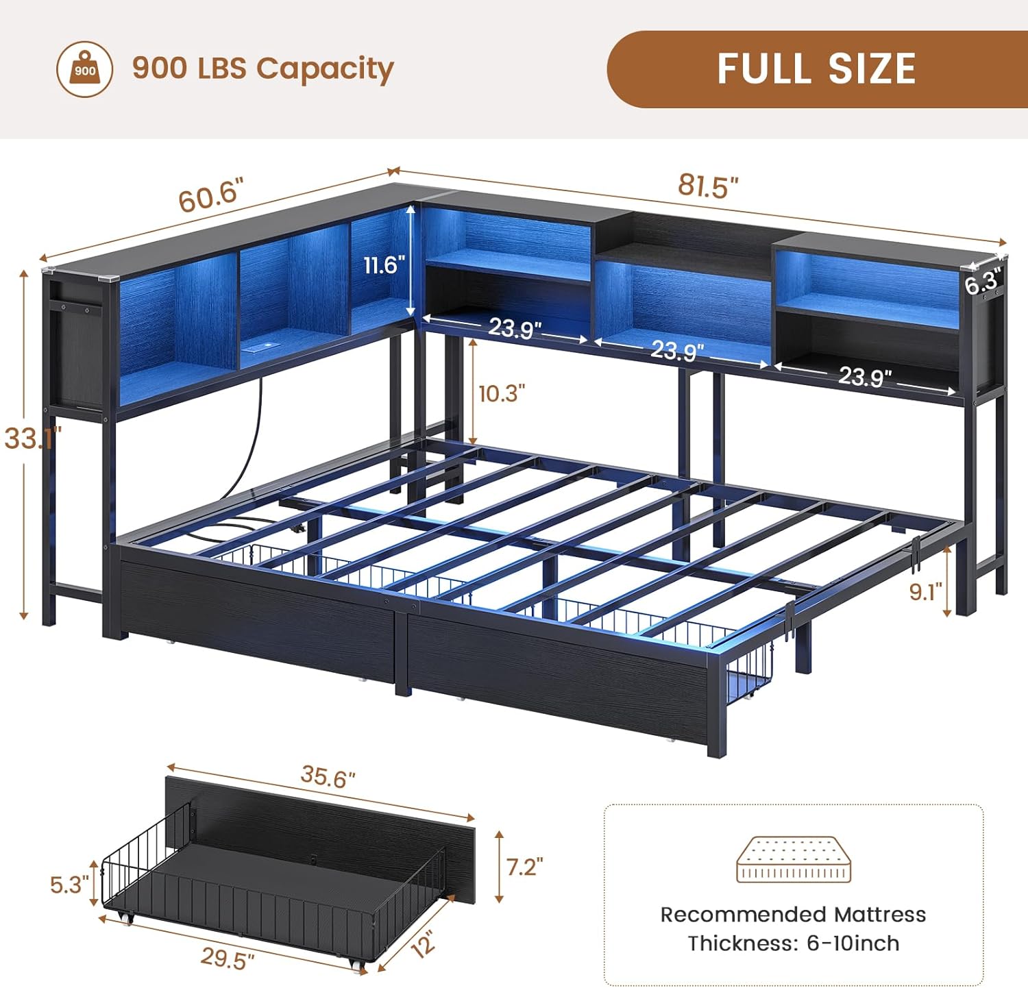 Mabor Metal Daybed Corner Bed Frame with 2 Drawers & Charging Station & Led Light &Bookcase Storage, Twin/Twin XL/Full Size