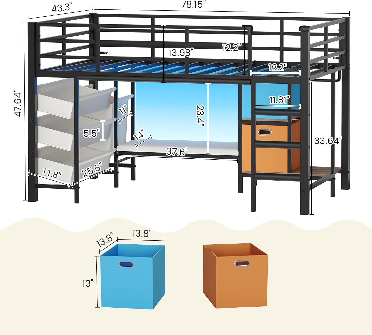 Mabor Twin Size Loft Bed with LED Lights & Reading Bench & Bookshelf & Storage Basket & Stairs for Bedroom, Black/White/Pink