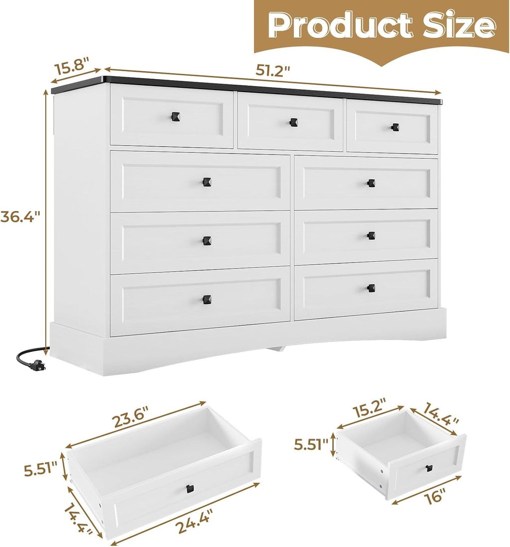 Mabor 9 Drawers Dresser with Charging Station for Bedroom, Chest of Drawers with 9 Drawers, Black/White