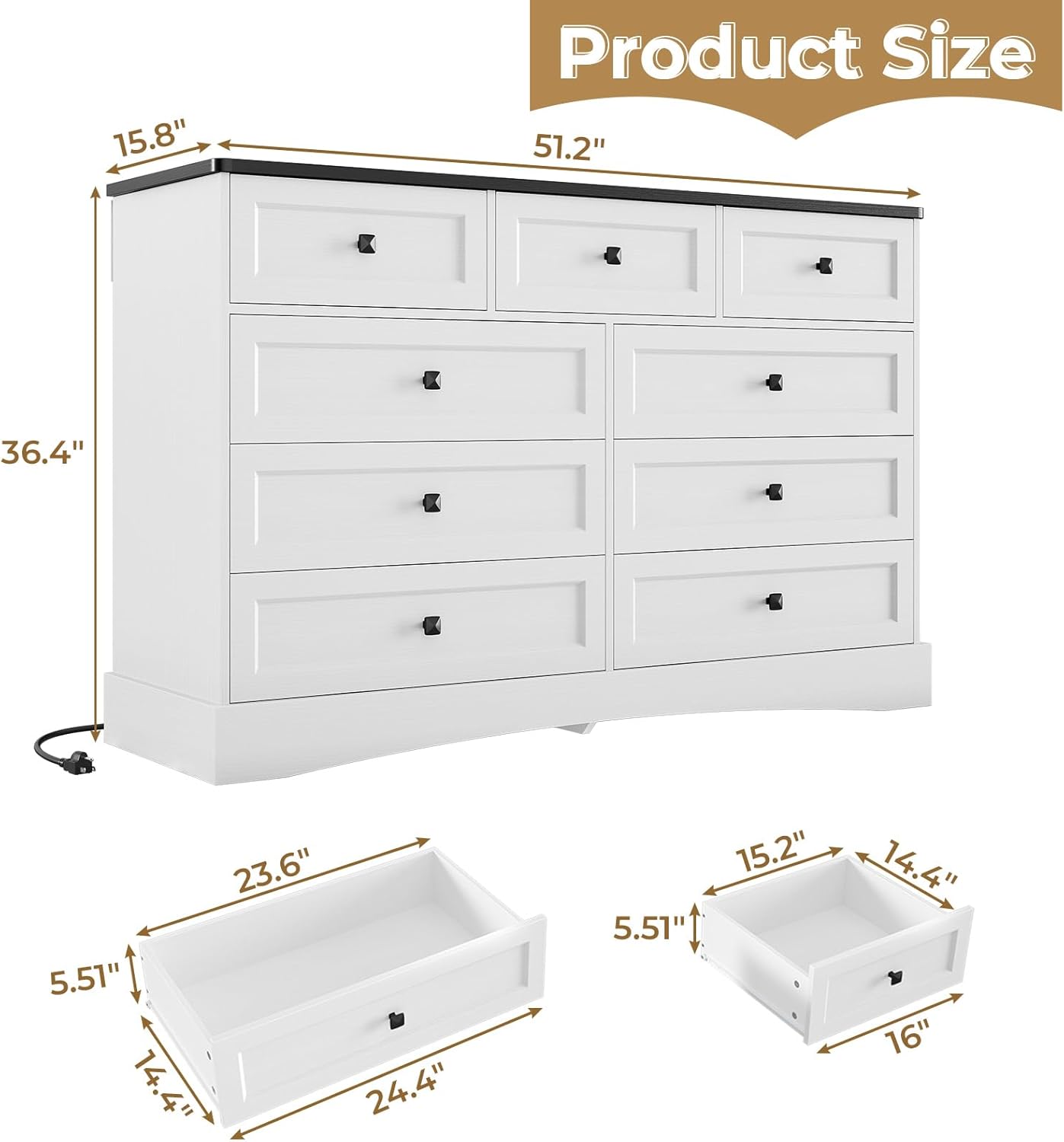 Mabor 9 Drawers Dresser with Charging Station for Bedroom, Chest of Drawers with 9 Drawers, Black/White