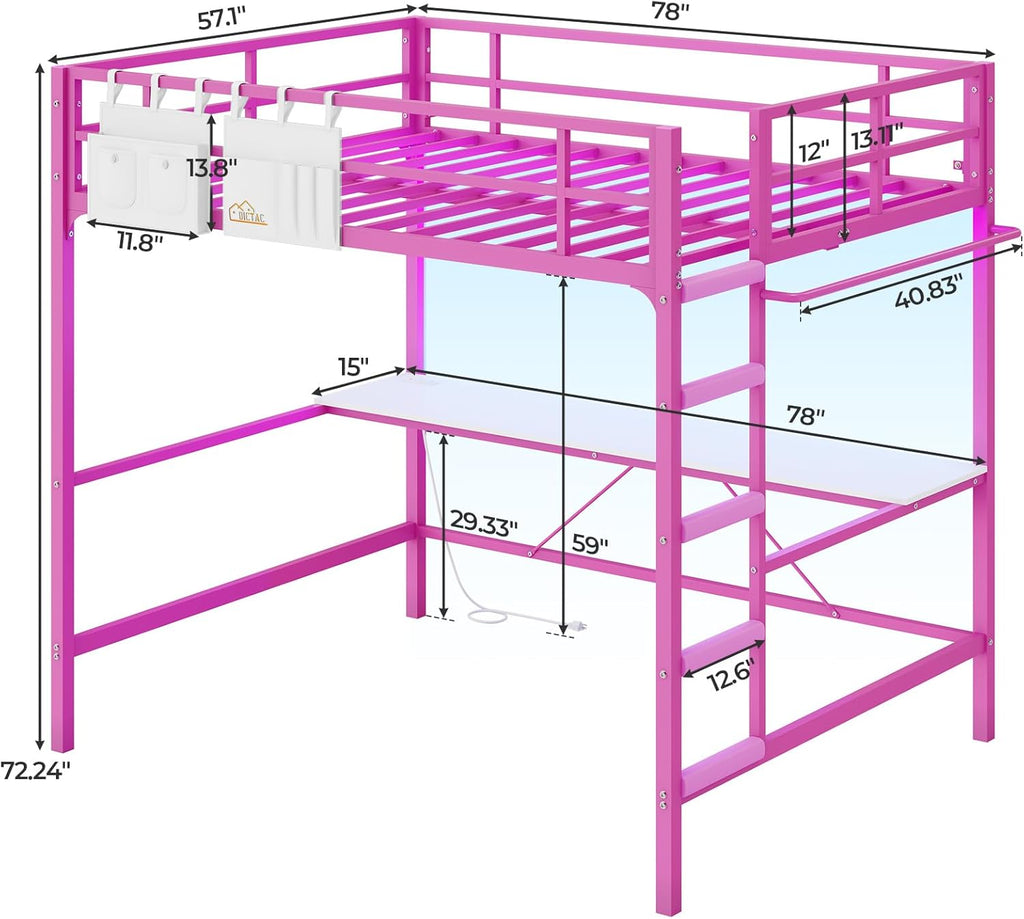 Loft Bed Frame Full Size Heavy Duty Metal Loft Bed with Desk&Charging Station&Led Lights&Clothes Rail, Safety Guard & Ladder, No Noise, Black