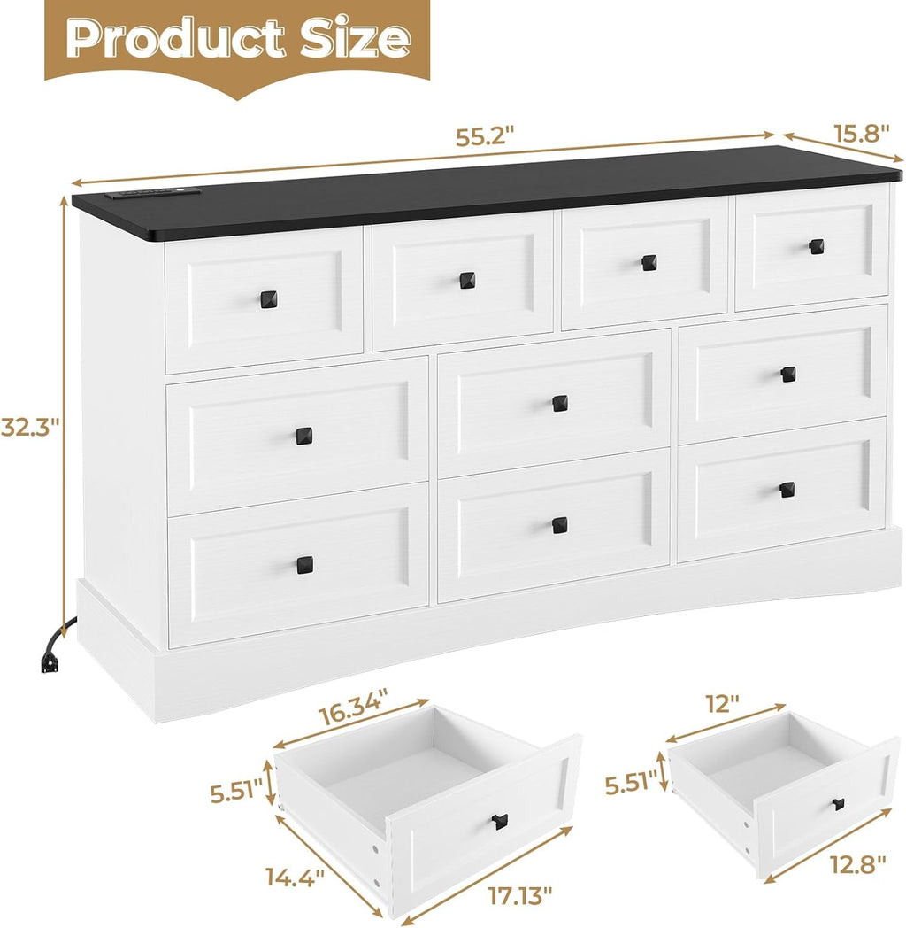 Mabor 10 Drawers Dresser with Charging Station for Bedroom, Farmhouse Chest of Drawers, Black/White