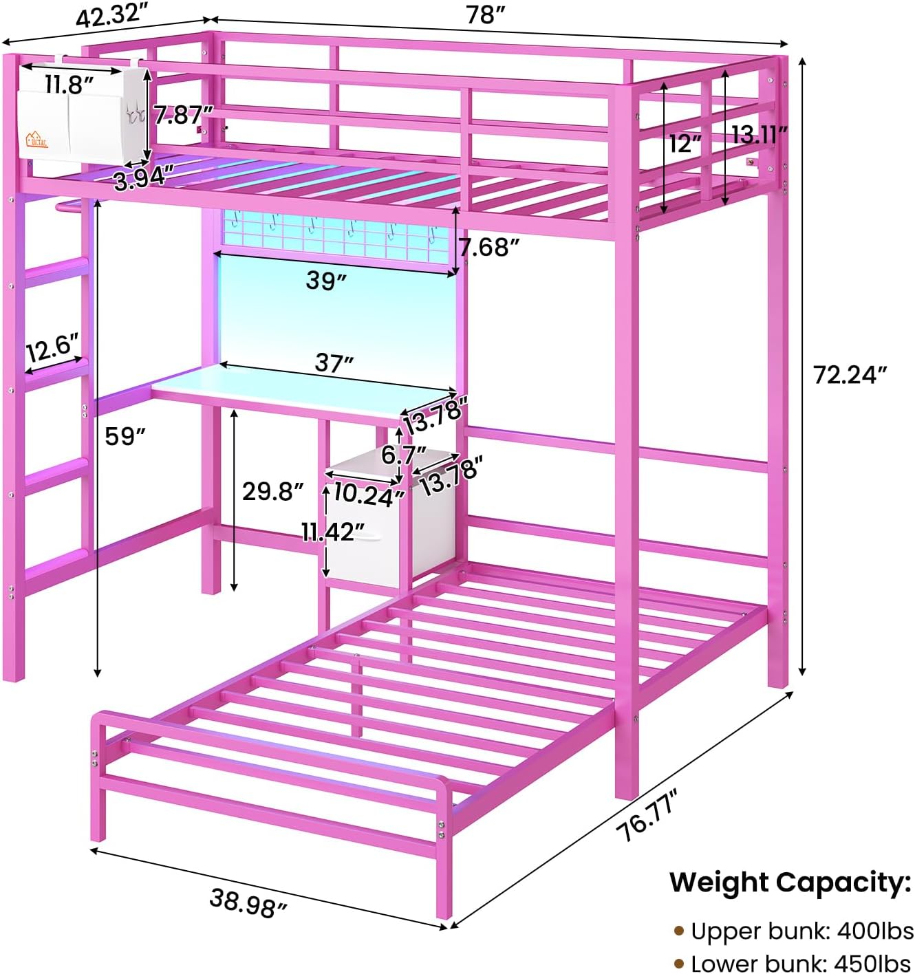 Mabor Metal Bunk Bed with Desk Twin Over Twin Size Bunk Bed with Charging Station and LED Lights, Twin Size Loft Bed Frame with Storage Shelves and Drawers for Bedroom, No Box Spring Needed, Black