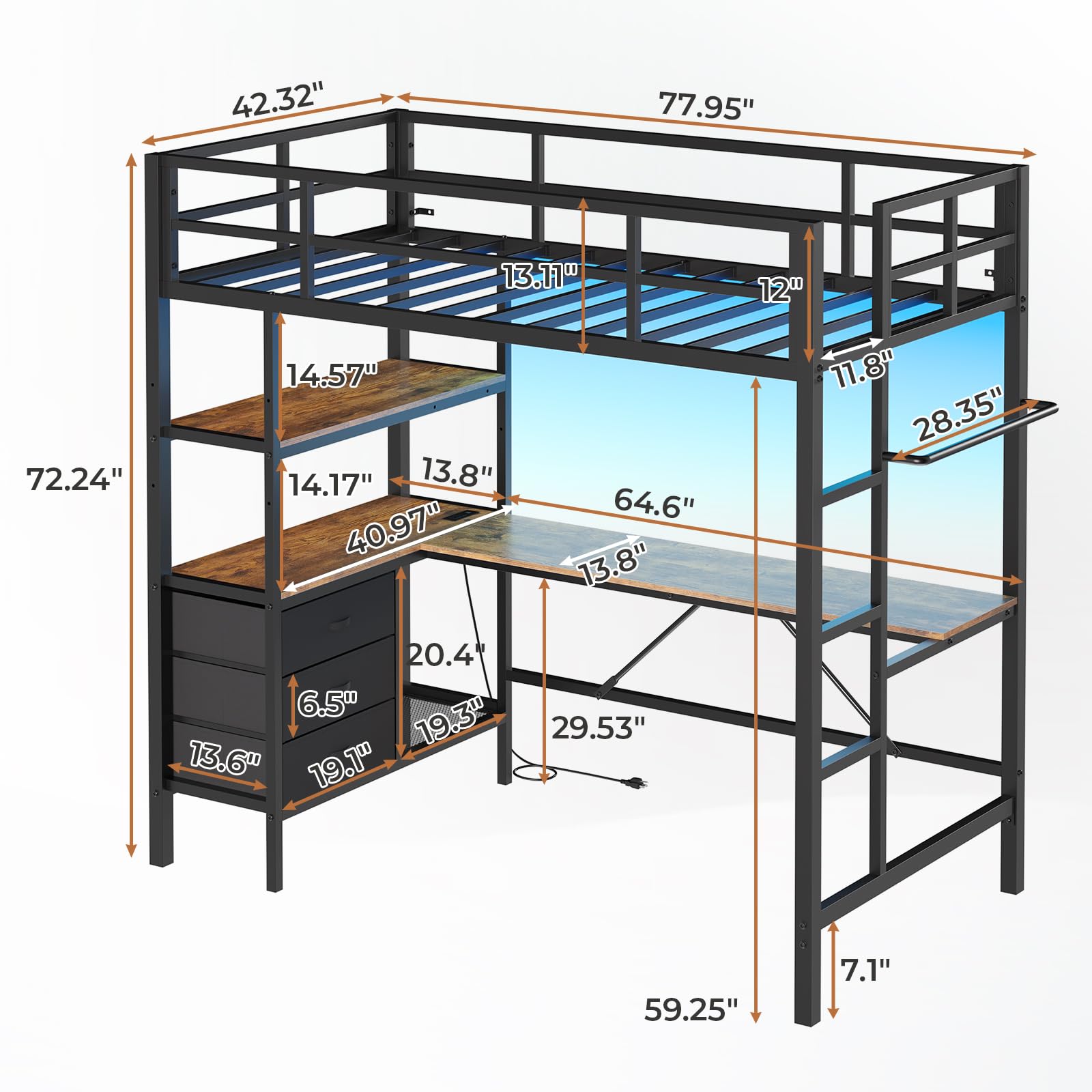 Twin Size Metal Loft Bed Frame with L-Shaped Desk&LED Lights&Charging Station, Black LED Loft Bed with 3 Storage Shelves&Drawers, No Box Spring Needed