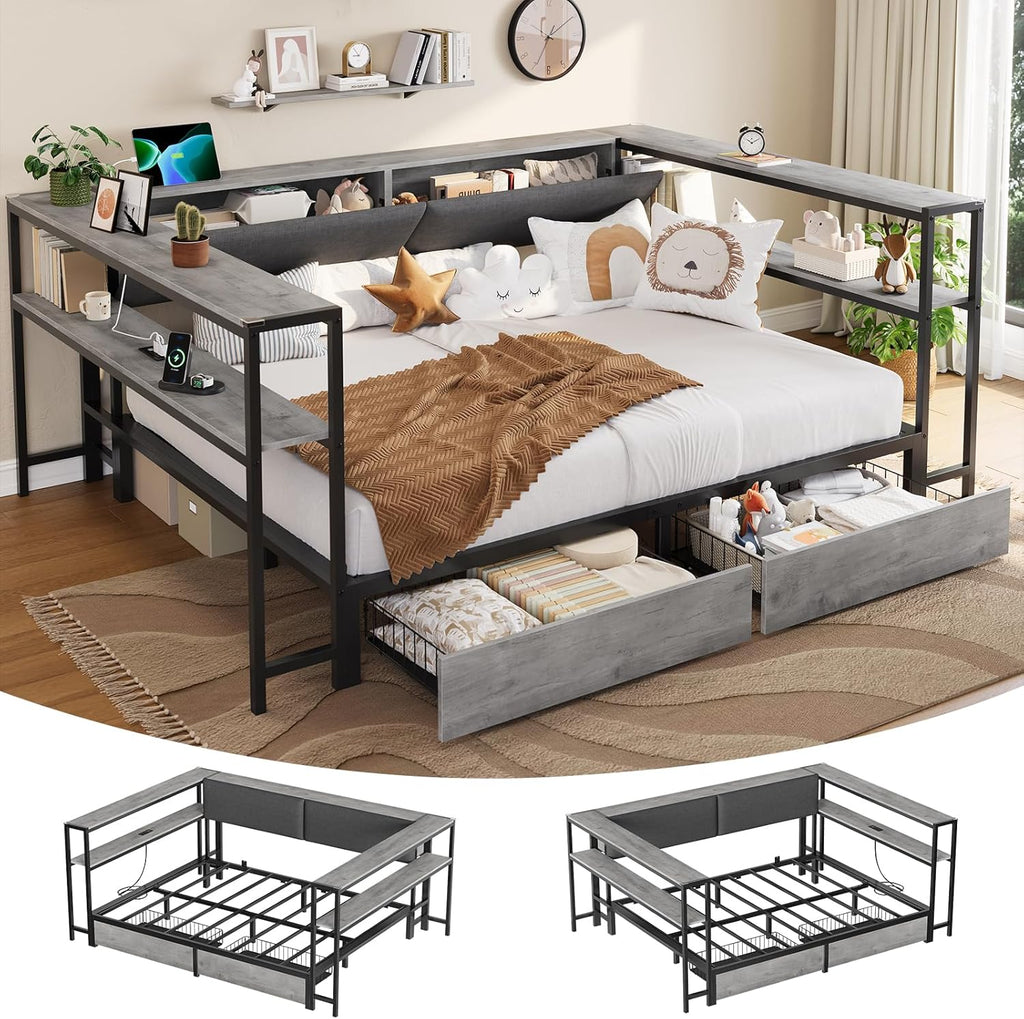 Mabor Corner Bed Frame Twin/Full Size Daybeds with 2 Drawers & Charging Station & Storage Shelves for Bedroom, Black/Gray