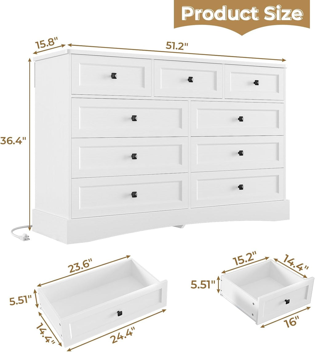 Mabor 9 Drawers Dresser with Charging Station for Bedroom, Chest of Drawers with 9 Drawers, Black/White