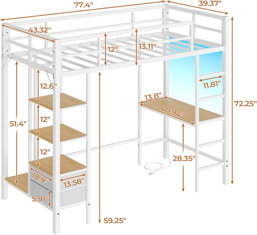 Mabor Twin Loft Bed with Desk&Charging Stations&Led Lights, LED Metal Loft Bed Frame with Storage Shelves&Drawers&Clothes Rail, Safety Guard & Ladder, Black