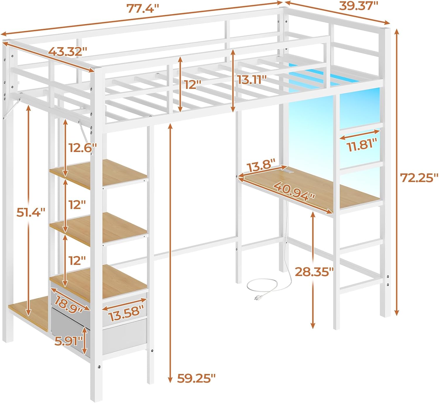 Mabor Twin Loft Bed with Desk&Charging Stations&Led Lights, LED Metal Loft Bed Frame with Storage Shelves&Drawers&Clothes Rail, Safety Guard & Ladder, Black