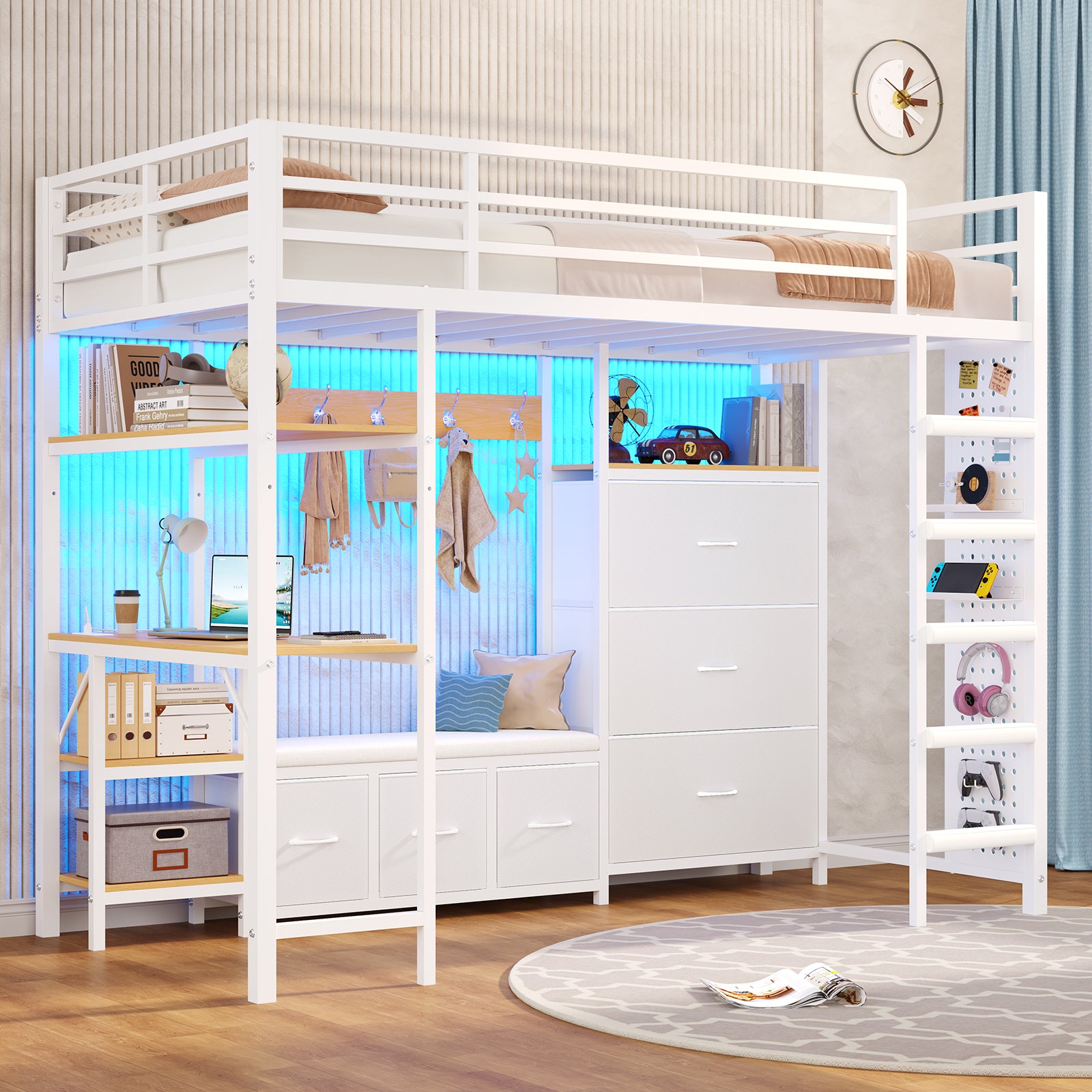 Mabor Twin Size Loft Bed with Desk and 6 Storage Drawers and LED Lights and Charging Station and Large Pegboard,Black/White