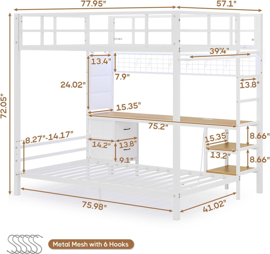 Full Over Twin Size Bunk Bed with Desk&Charging Station&LED Lights&Drawers&Storage Shelves, Full Over Twin Metal Loft Bed for Adults, No Box Spring Needed, White