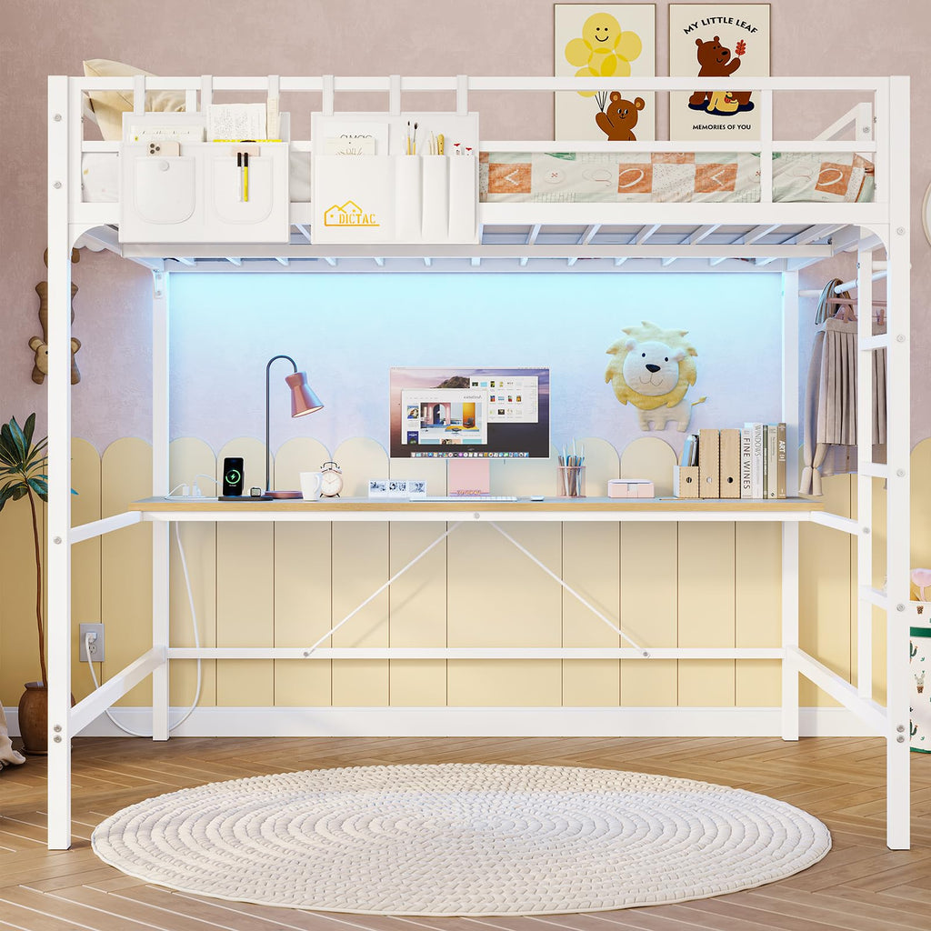 Loft Bed Frame Full Size Heavy Duty Metal Loft Bed with Desk&Charging Station&Led Lights&Clothes Rail, Safety Guard & Ladder, No Noise, Black