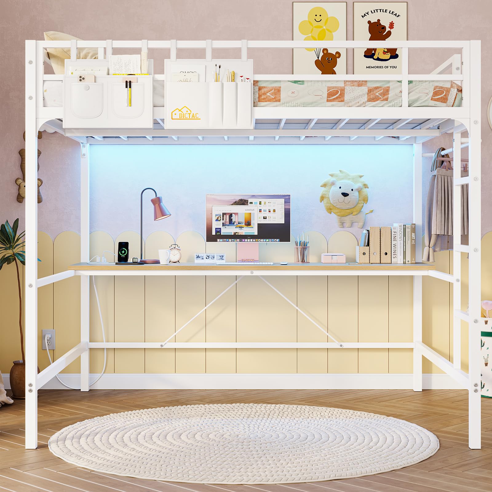 Loft Bed Frame Full Size Heavy Duty Metal Loft Bed with Desk&Charging Station&Led Lights&Clothes Rail, Safety Guard & Ladder, No Noise, Black