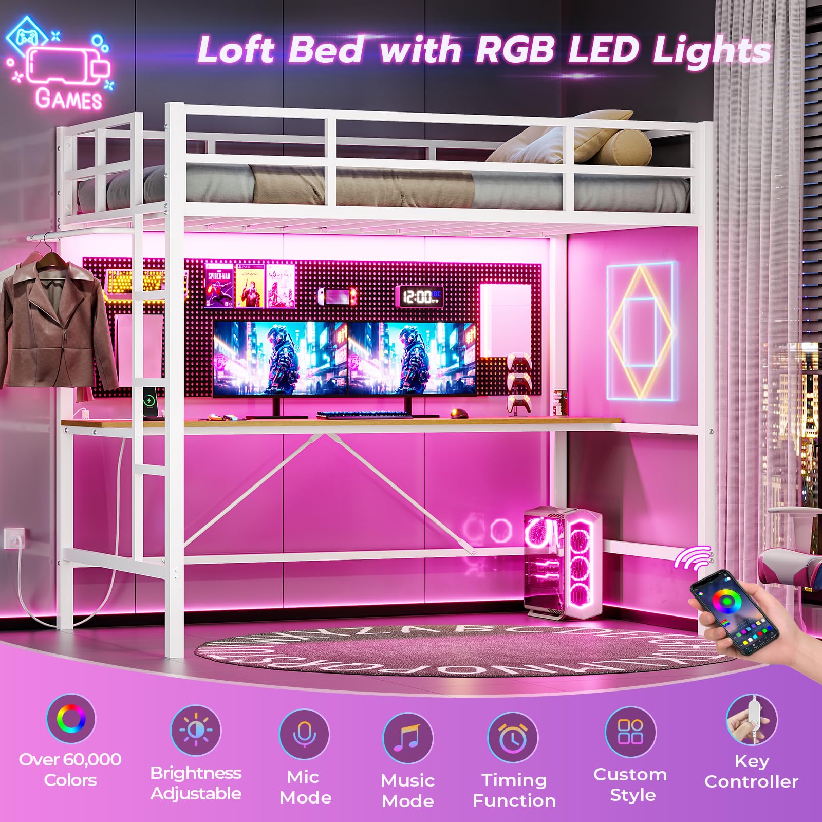 Twin Size Loft Bed Frame with Desk&Charging Station&Led Lights&Clothes Rail, Black/White