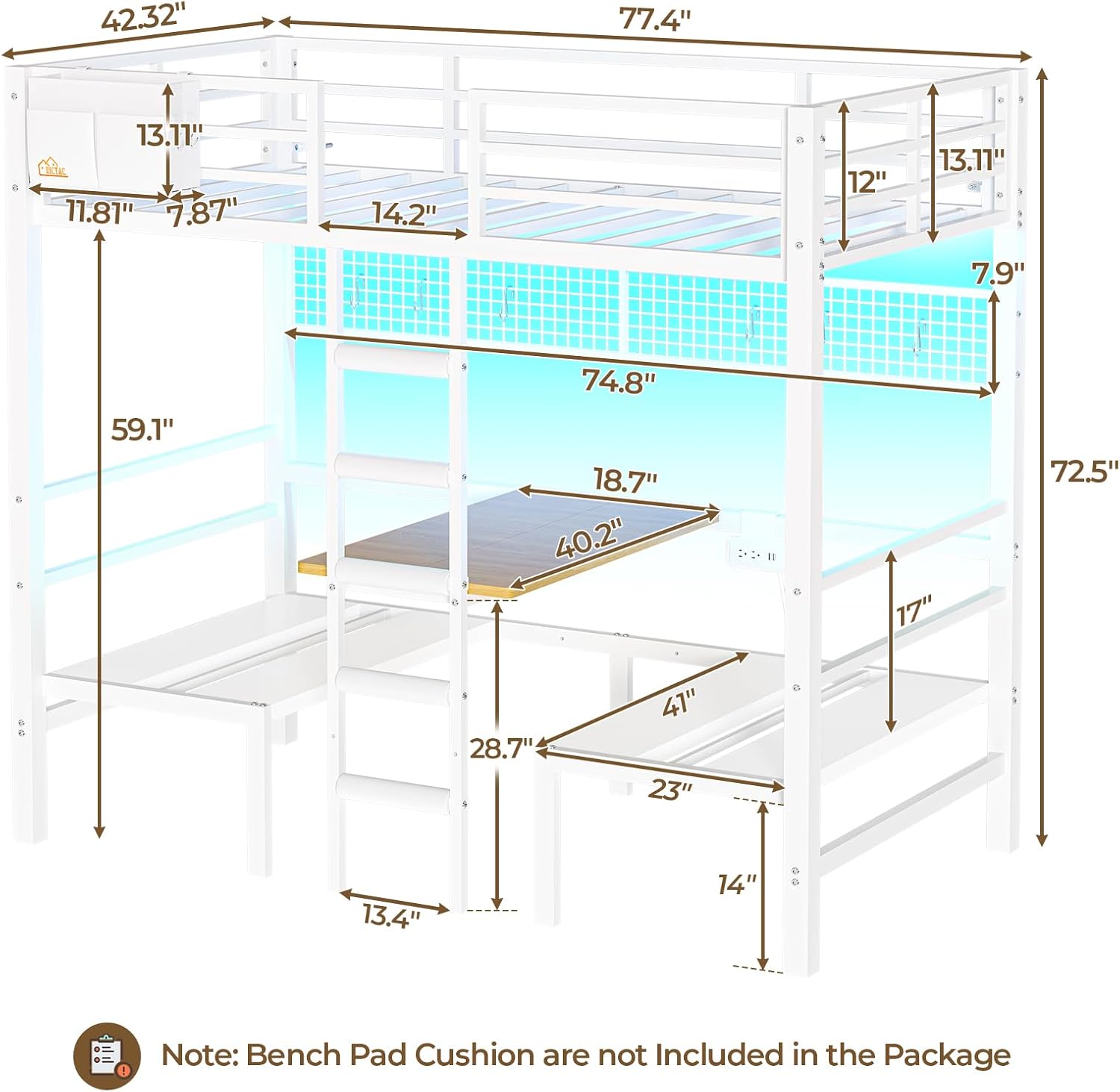Twin Over Twin Metal Bunk Bed with Desk, Twin Size Loft Bed with Led Lights and Charging Station, Safety Guard and Stair, Convertible Metal Bunk Bed