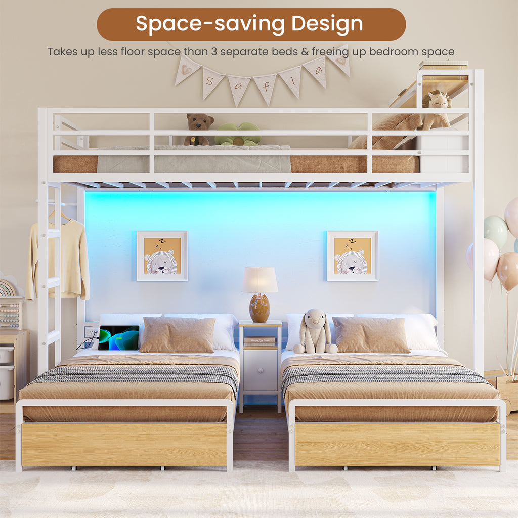 Mabor Triple Bunk Bed with LED Lights and Charging Station, Twin Over Twin Over Twin Loft Bed Frame with 3 Storage Drawers&Study Desk&Guardrails and Ladder, Black/White