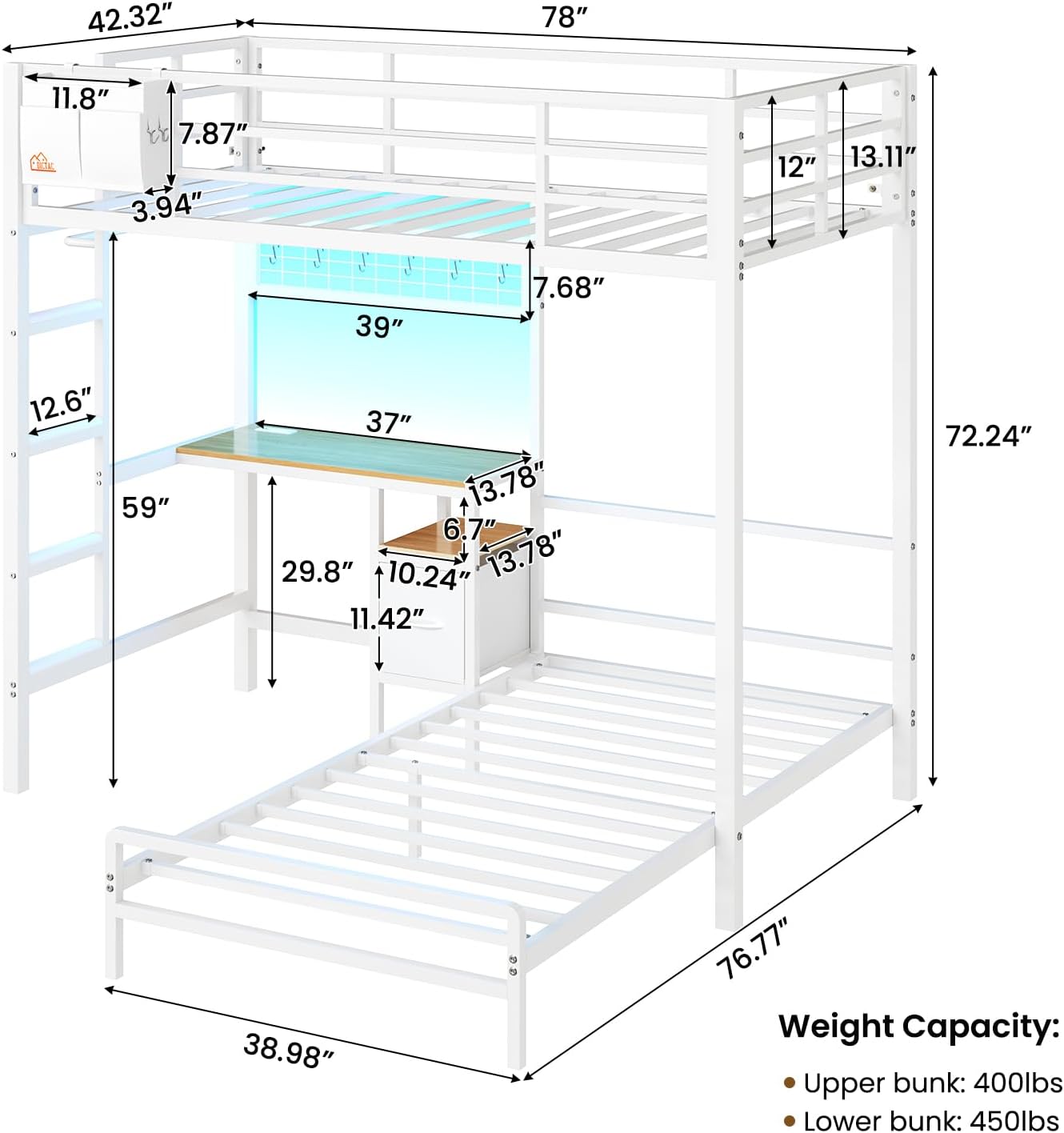 Mabor Metal Bunk Bed with Desk Twin Over Twin Size Bunk Bed with Charging Station and LED Lights, Twin Size Loft Bed Frame with Storage Shelves and Drawers for Bedroom, No Box Spring Needed, Black