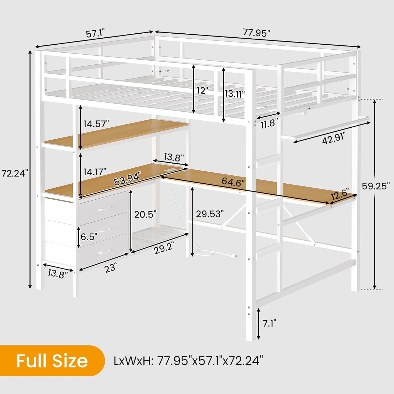 Full Size Loft Bed Frame with Desk&LED Lights&Charging Station&3 Storage Drawers, Black/White/Pink
