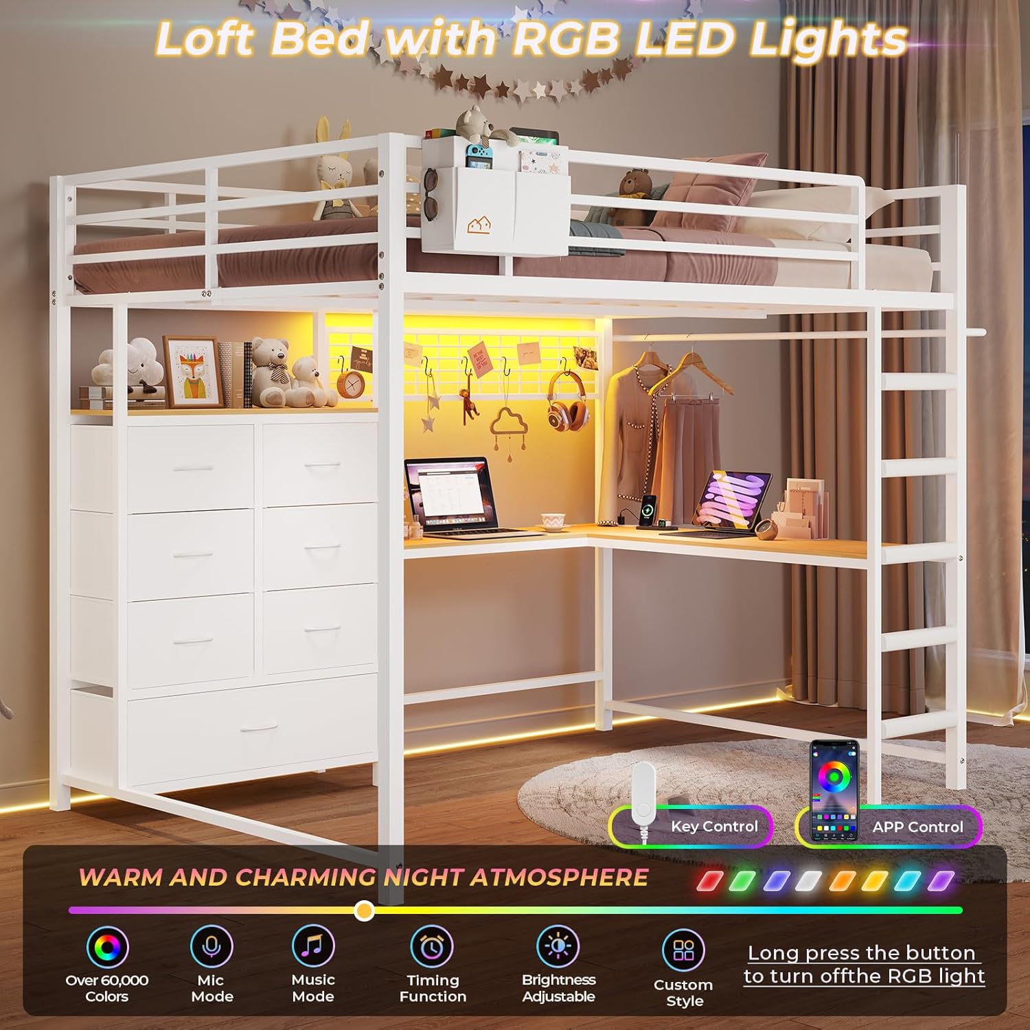 Mabor Twin/Full Size Loft Bed Frame with L-Shaped Desk & Charging Station & LED Lights & 7 Storage Drawers for Bedroom, Black/White