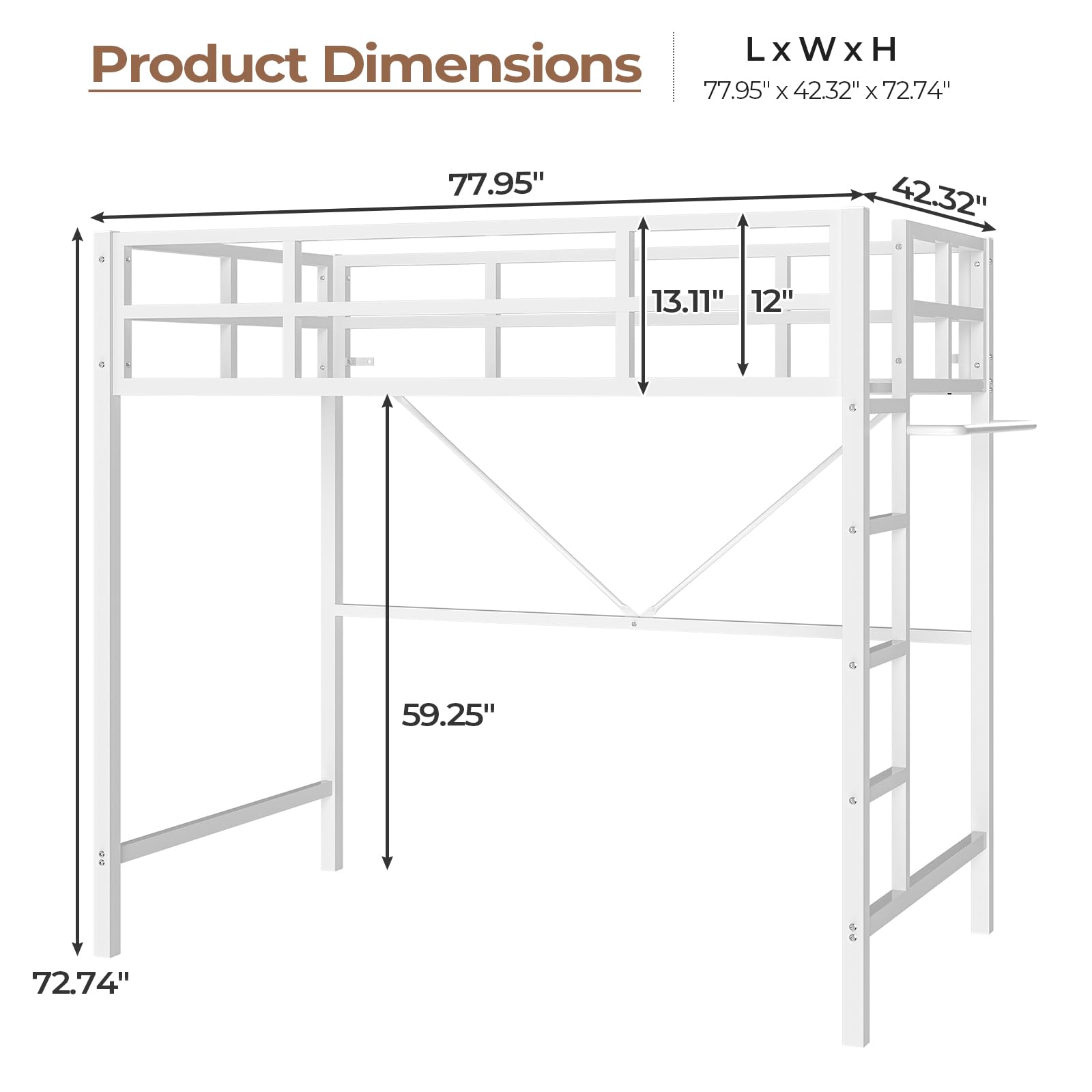 Twin Size Loft Bed Frame with Led Lights, Metal Loft Bed Frame with Full-Length Guardrail and Ladder, No Box Spring Needed, White