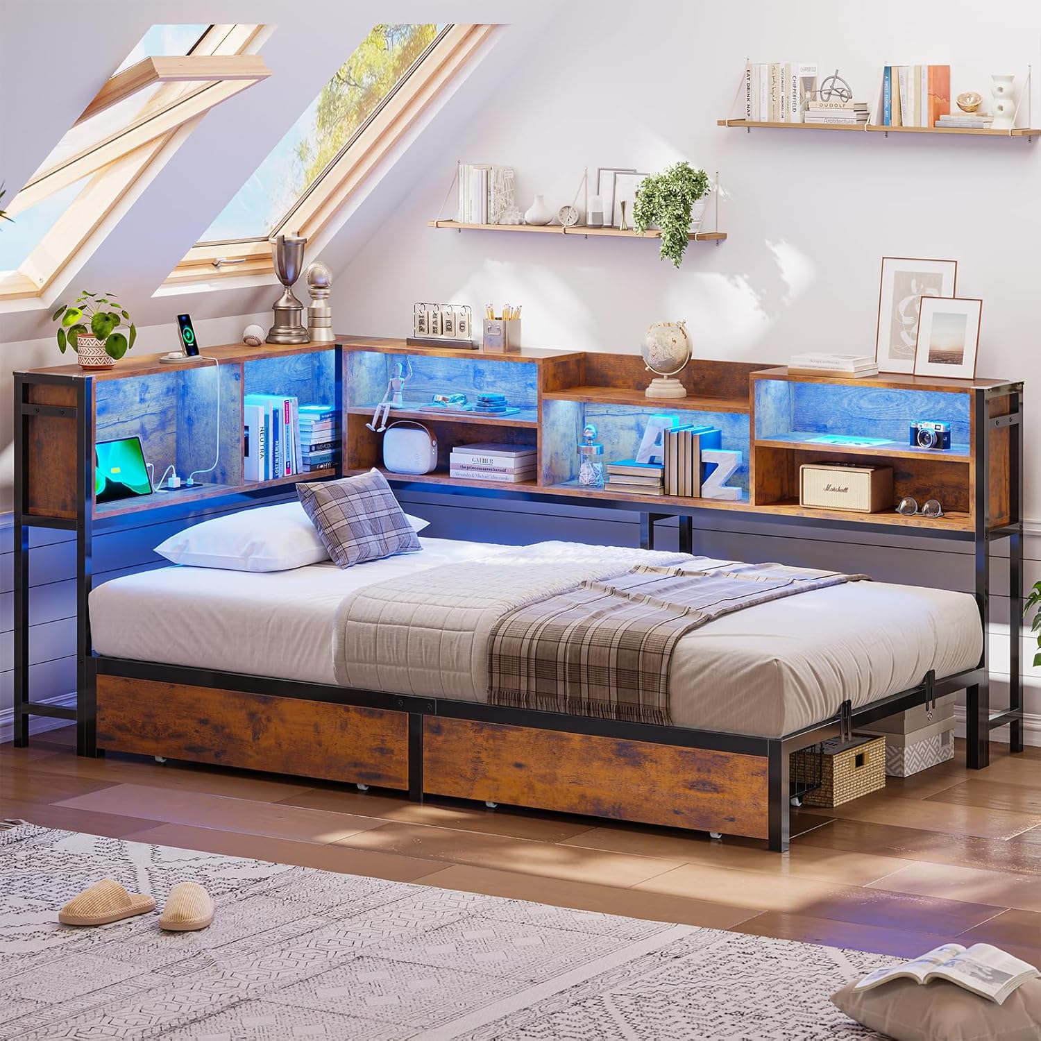 Mabor Metal Daybed Corner Bed Frame with 2 Drawers & Charging Station & Led Light &Bookcase Storage, Twin/Twin XL/Full Size