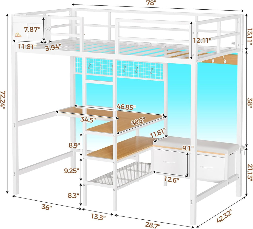Twin Size Loft Bed with L-Shaped Desk&LED Lights&Charging Station, Twin Metal Loft Bed with Storage Shelves&Drawers,Top Bunk with Safety Guard & Stair, Black