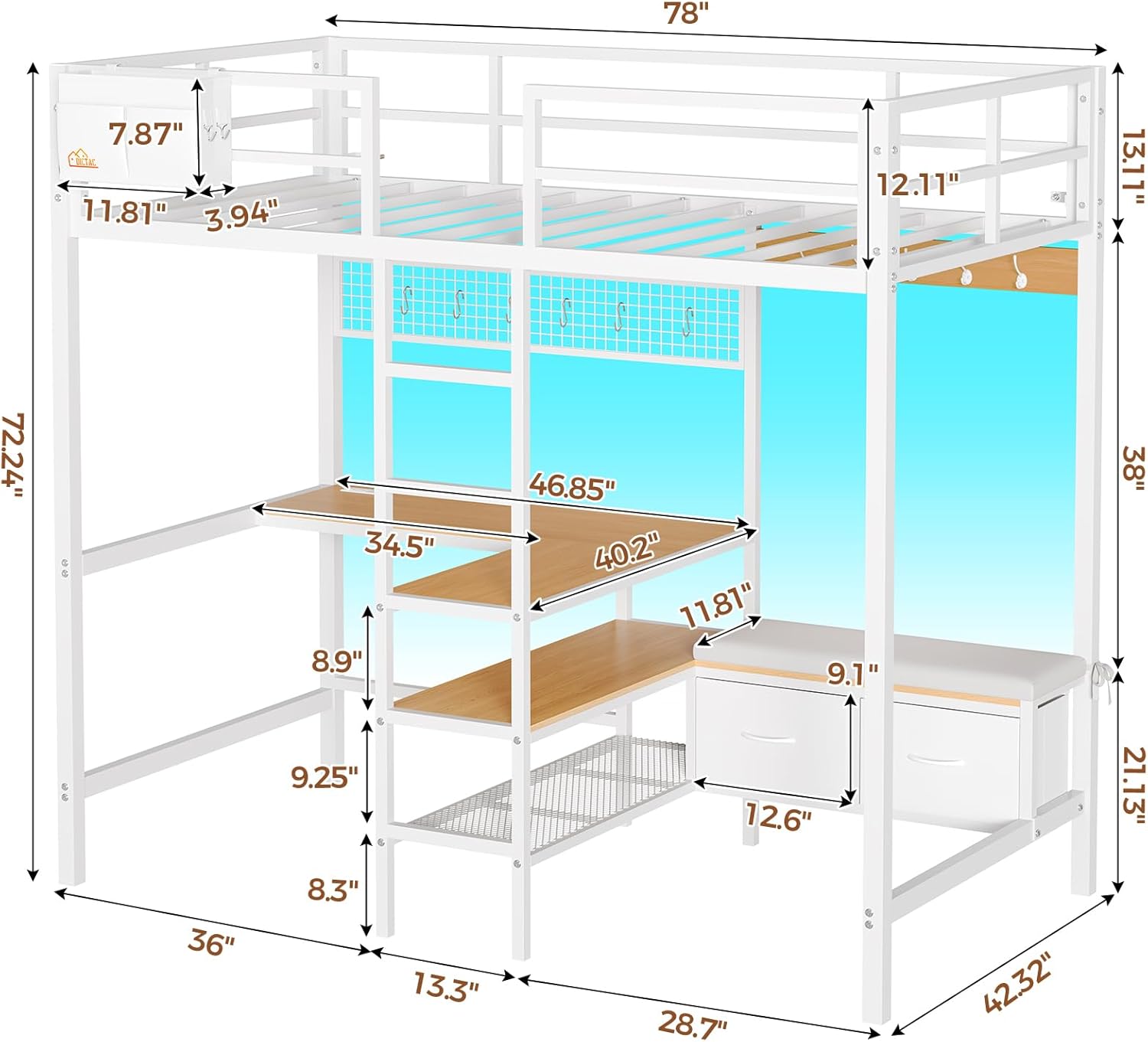 Twin Size Loft Bed with L-Shaped Desk&LED Lights&Charging Station, Twin Metal Loft Bed with Storage Shelves&Drawers,Top Bunk with Safety Guard & Stair, Black
