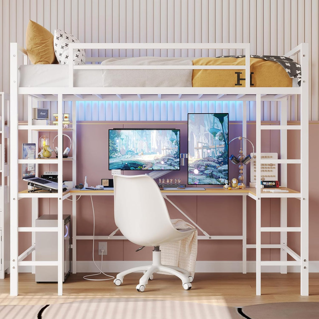 Twin Size Metal Loft Bed Frame with U shaped Desk&Charging Station&LED Lights, Twin Loft Bed Frame with Storage Shelves, Safety Guard & Ladder, Black