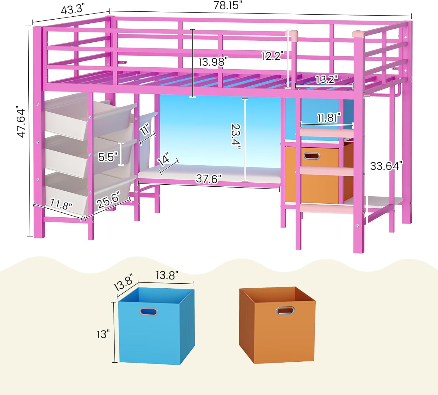 Mabor Twin Size Loft Bed with LED Lights & Reading Bench & Bookshelf & Storage Basket & Stairs for Bedroom, Black/White/Pink