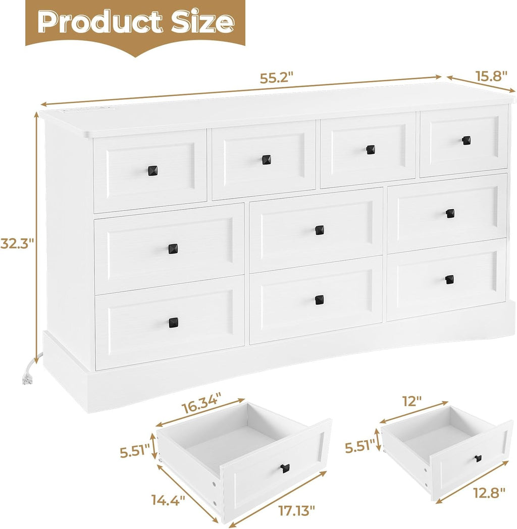 Mabor 10 Drawers Dresser with Charging Station for Bedroom, Farmhouse Chest of Drawers, Black/White