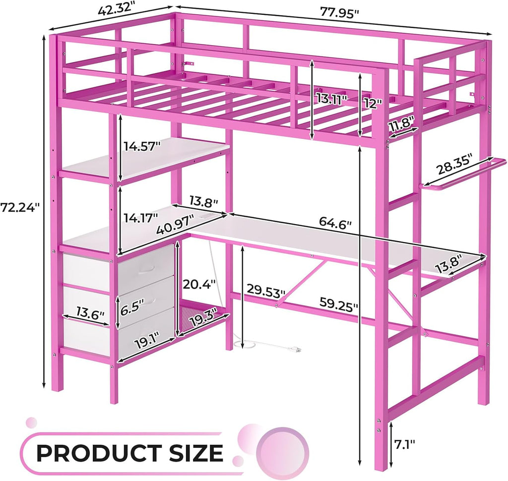 Twin Size Metal Loft Bed Frame with L-Shaped Desk&LED Lights&Charging Station, Black LED Loft Bed with 3 Storage Shelves&Drawers, No Box Spring Needed