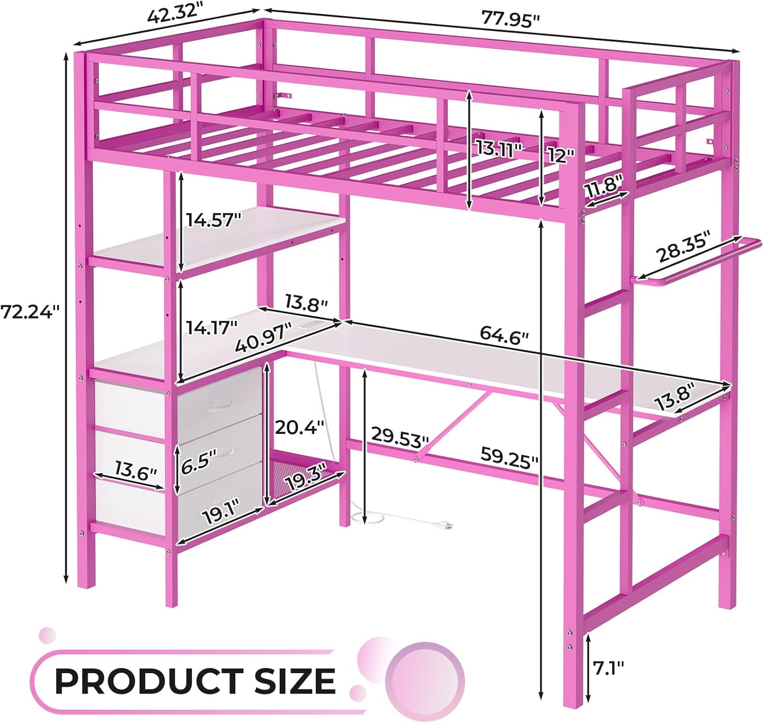 Twin Size Metal Loft Bed Frame with L-Shaped Desk&LED Lights&Charging Station, Black LED Loft Bed with 3 Storage Shelves&Drawers, No Box Spring Needed
