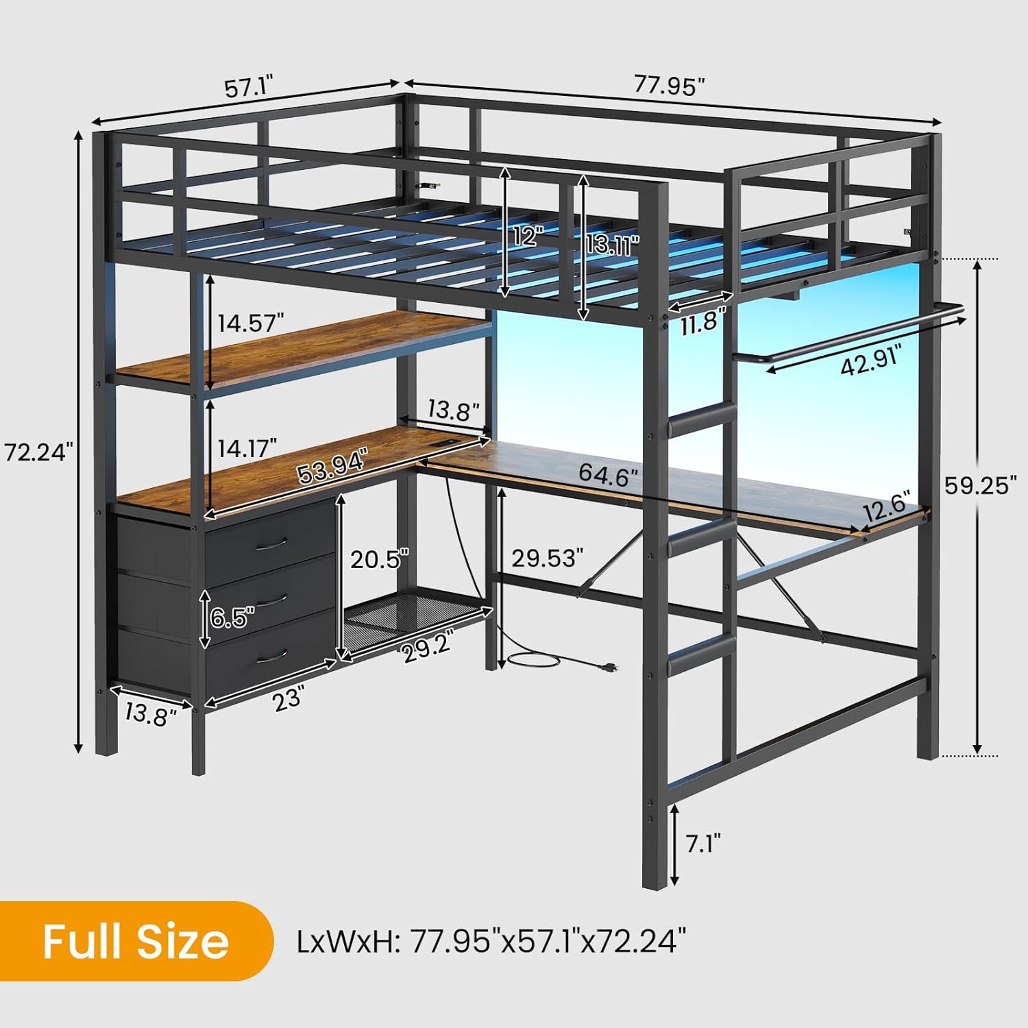 Full Size Loft Bed Frame with Desk&LED Lights&Charging Station&3 Storage Drawers, Black/White/Pink