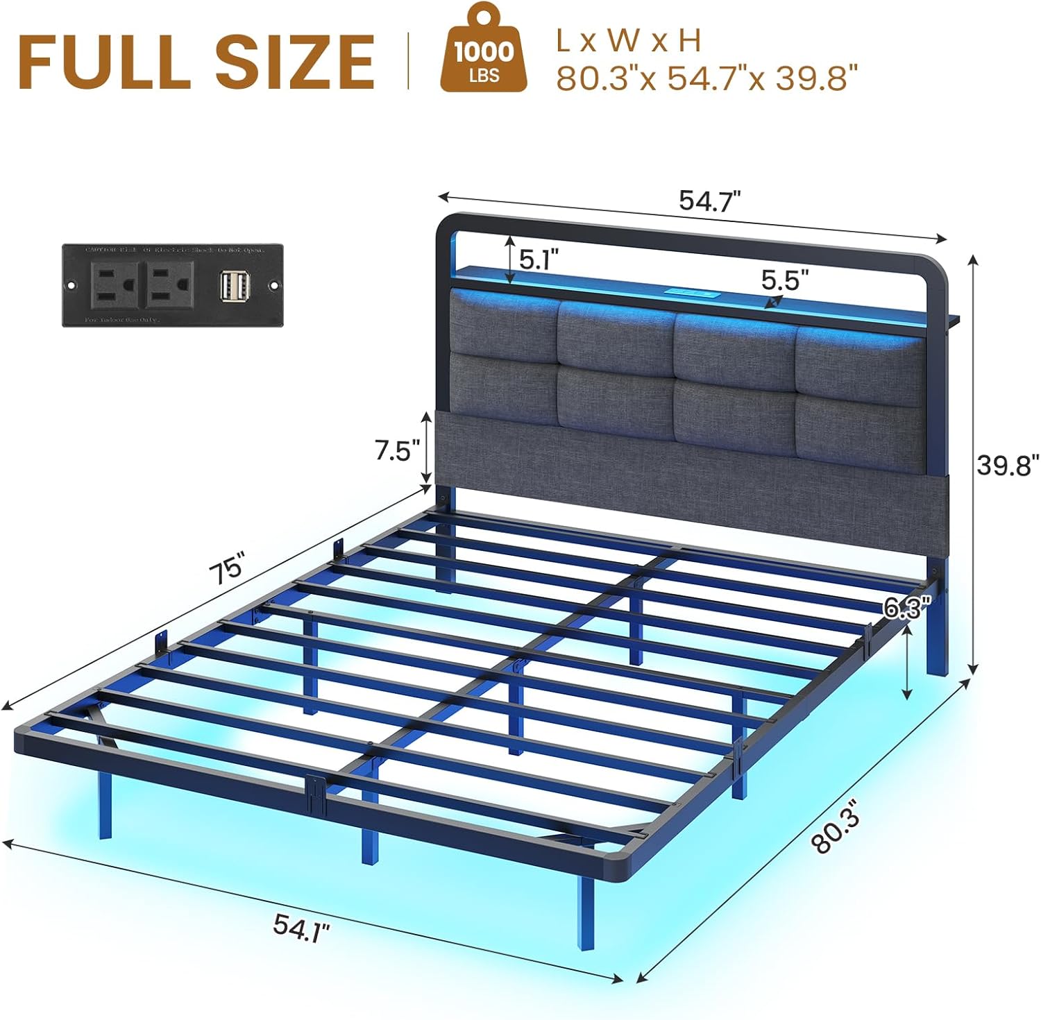 Mabor Floating Bed Frame with Storage Headboard and Charging Station and LED Lights, Full/Twin Size
