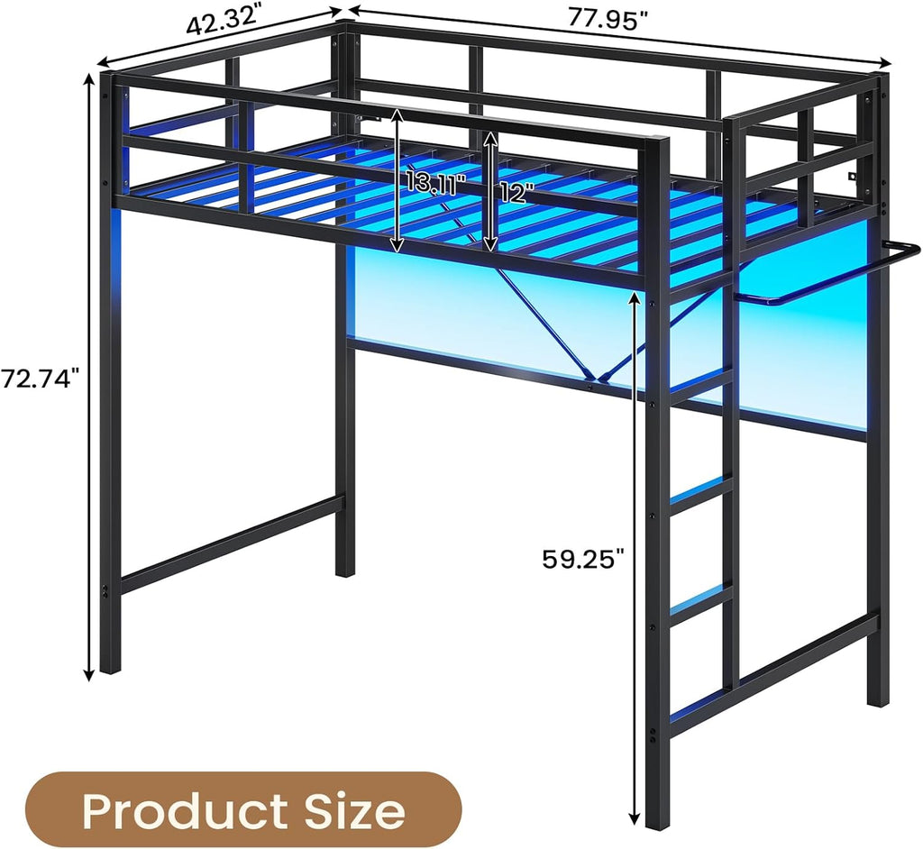 Twin Size Loft Bed Frame with Led Lights, Metal Loft Bed Frame with Full-Length Guardrail and Ladder, No Box Spring Needed, White