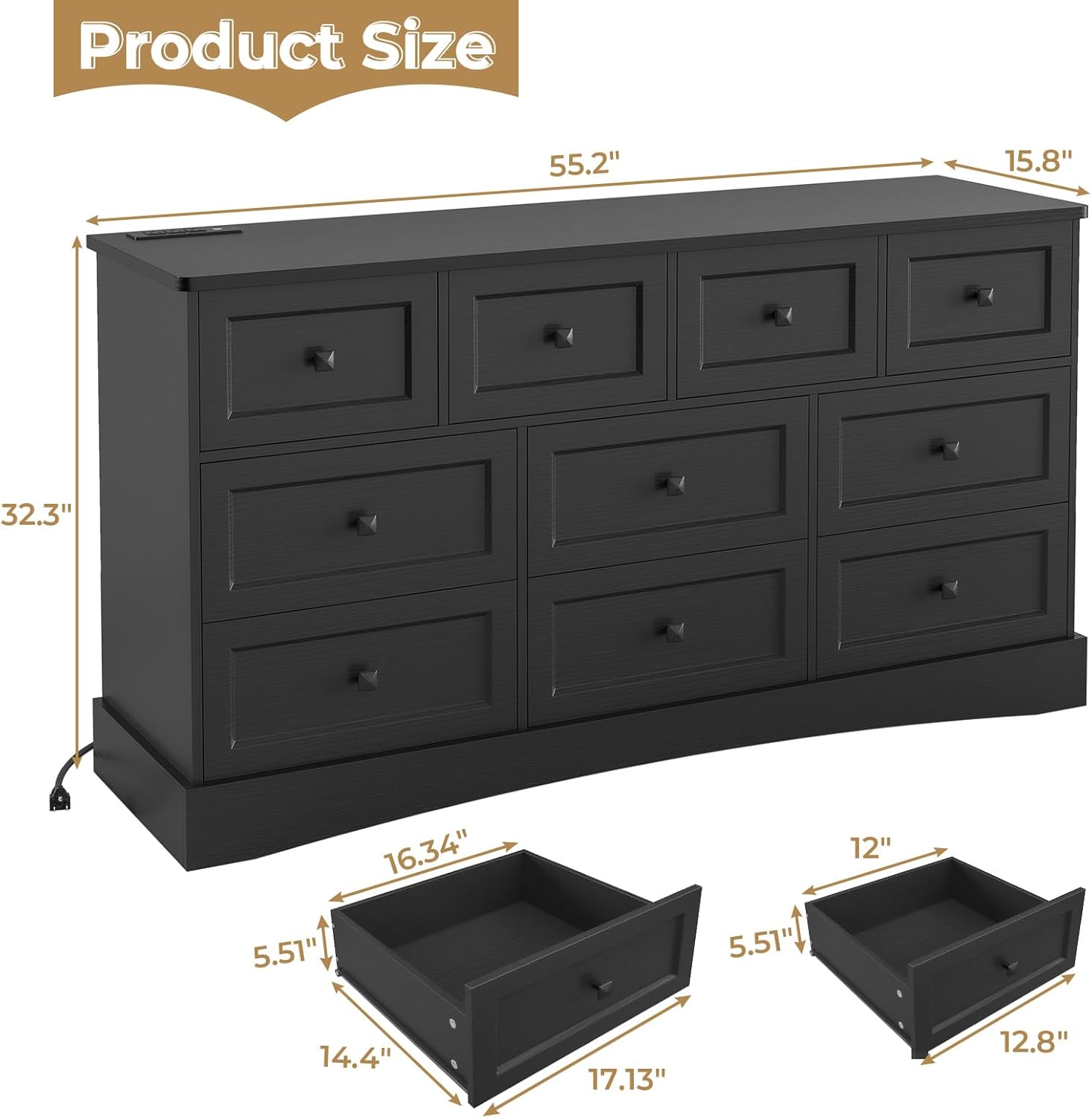 Mabor 10 Drawers Dresser with Charging Station for Bedroom, Farmhouse Chest of Drawers, Black/White