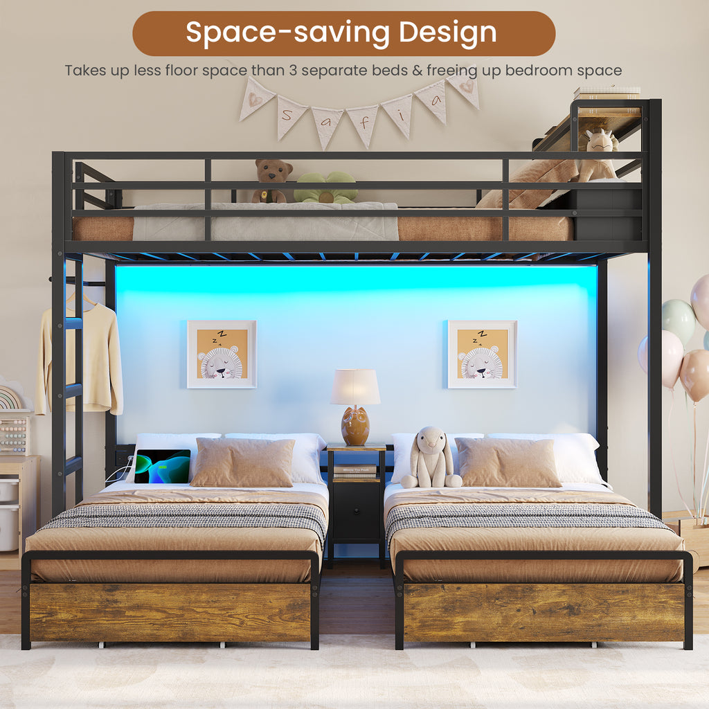 Mabor Triple Bunk Bed with LED Lights and Charging Station, Twin Over Twin Over Twin Loft Bed Frame with 3 Storage Drawers&Study Desk&Guardrails and Ladder, Black/White