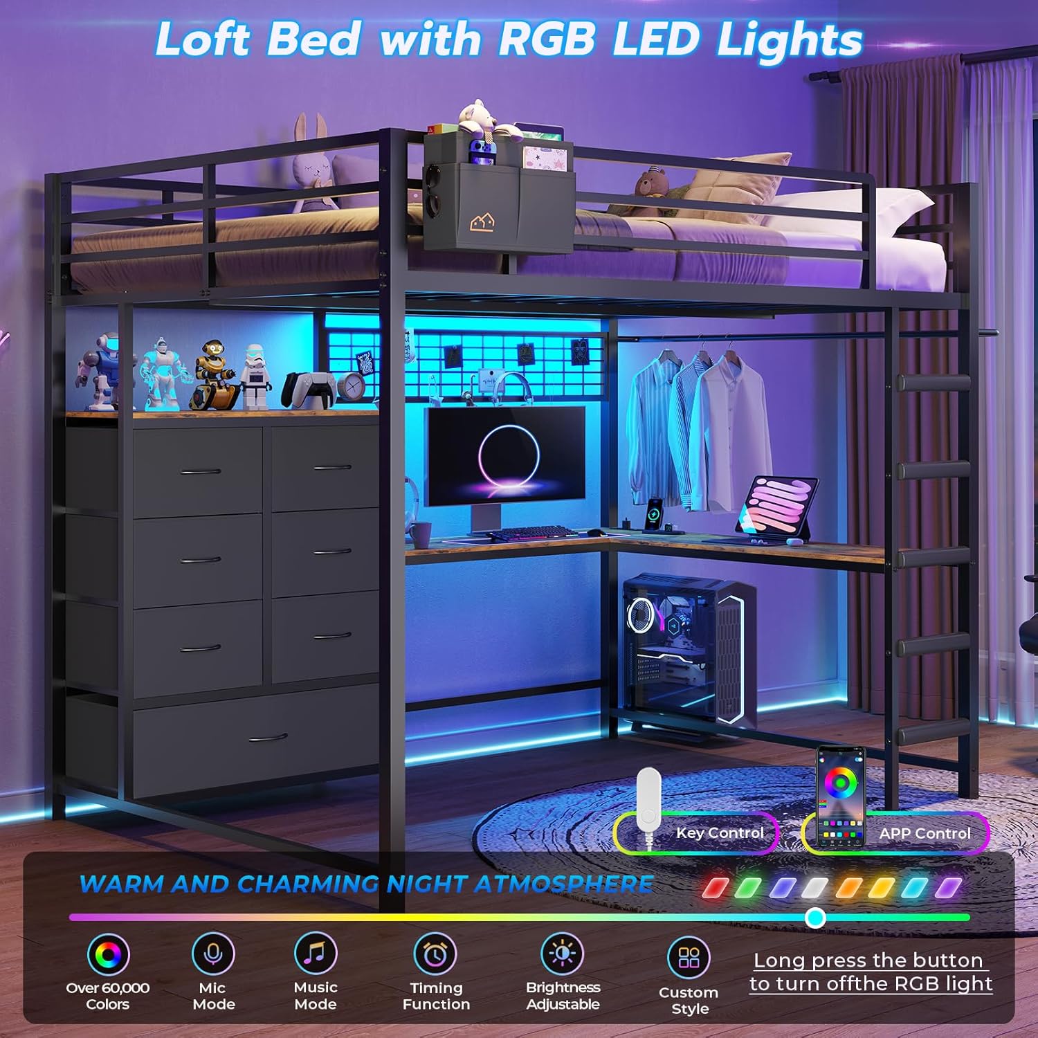 Mabor Twin/Full Size Loft Bed Frame with L-Shaped Desk & Charging Station & LED Lights & 7 Storage Drawers for Bedroom, Black/White