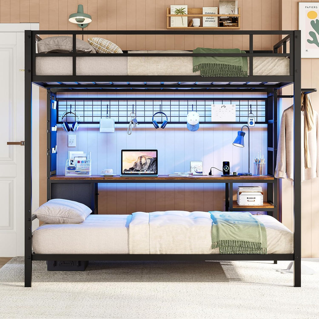 Full Over Twin Size Bunk Bed with Desk&Charging Station&LED Lights&Drawers&Storage Shelves, Full Over Twin Metal Loft Bed for Adults, No Box Spring Needed, White