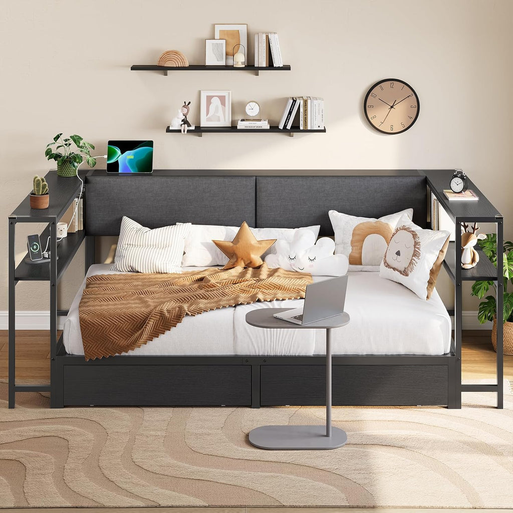 Mabor Corner Bed Frame Twin/Full Size Daybeds with 2 Drawers & Charging Station & Storage Shelves for Bedroom, Black/Gray