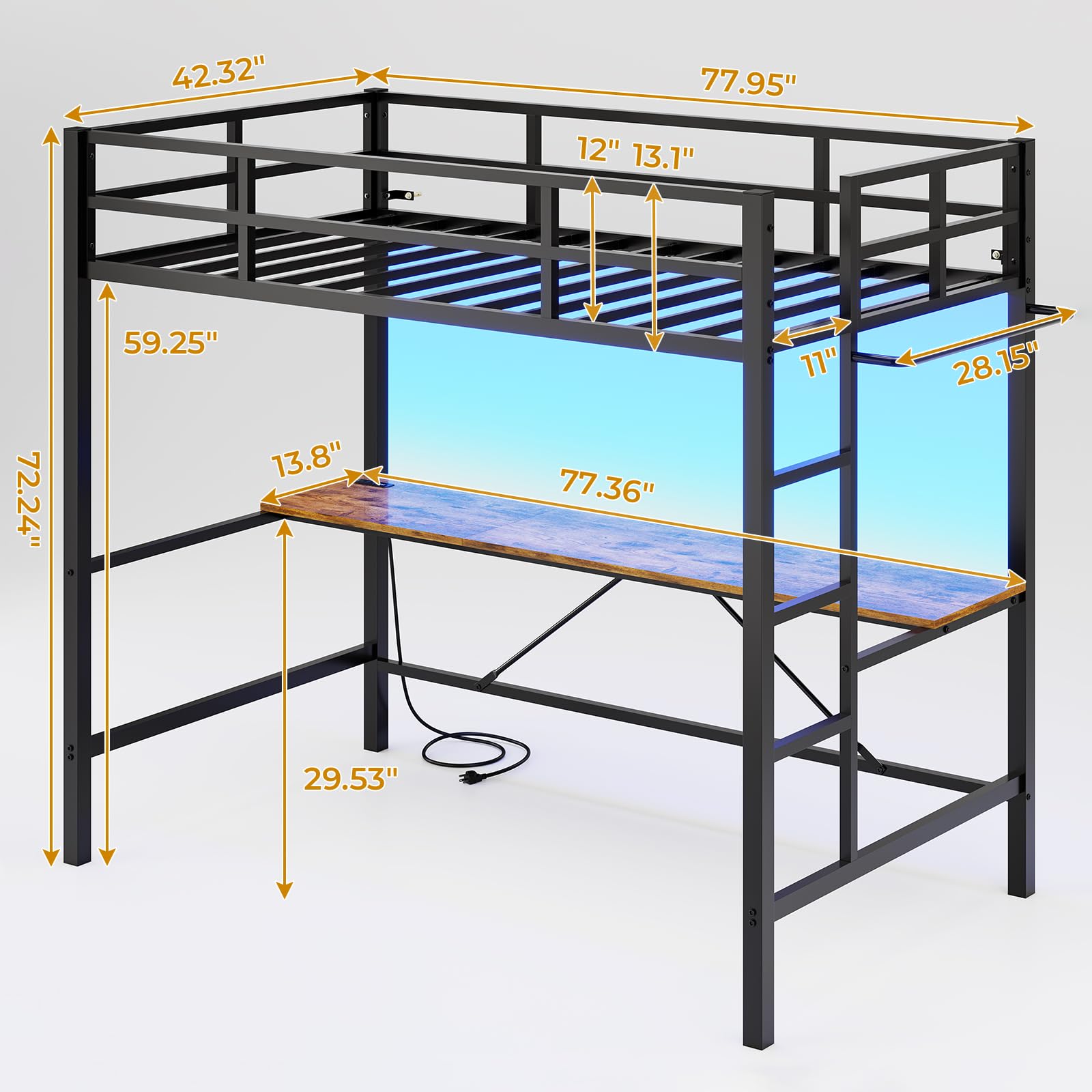 Twin Size Loft Bed Frame with Desk&Charging Station&Led Lights&Clothes Rail, Black/White
