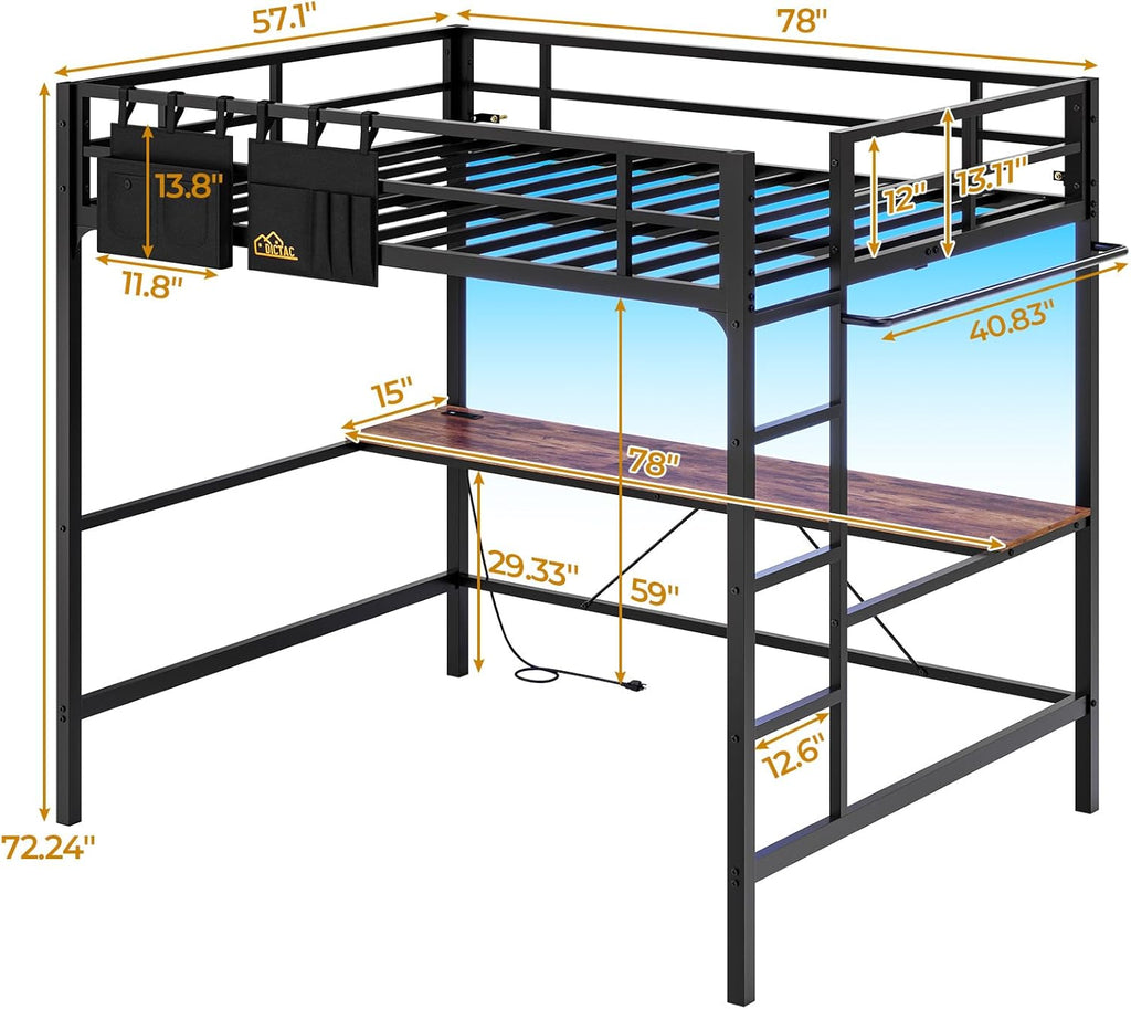 Loft Bed Frame Full Size Heavy Duty Metal Loft Bed with Desk&Charging Station&Led Lights&Clothes Rail, Safety Guard & Ladder, No Noise, Black