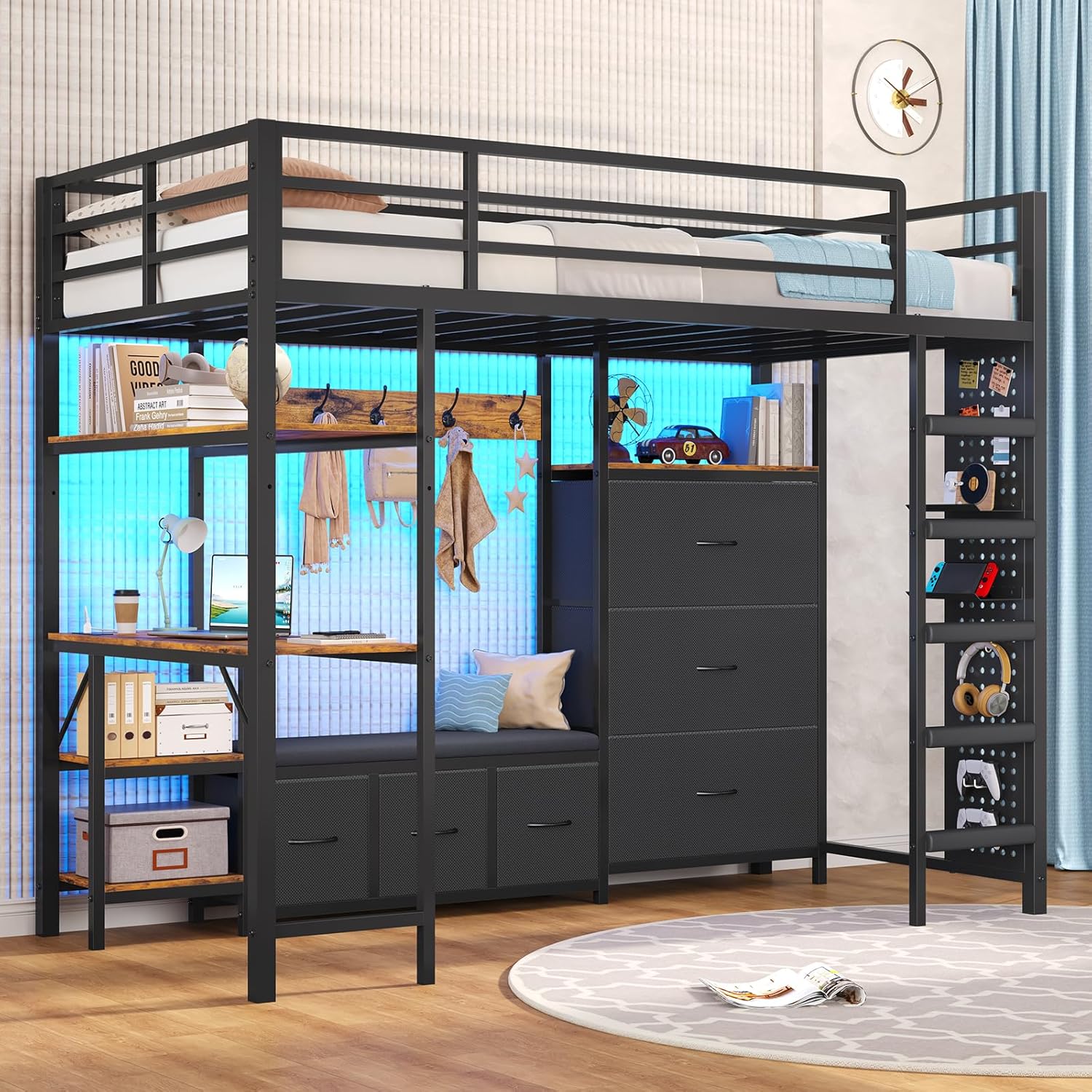 Mabor Twin Size Loft Bed with Desk and 6 Storage Drawers and LED Lights and Charging Station and Large Pegboard,Black/White