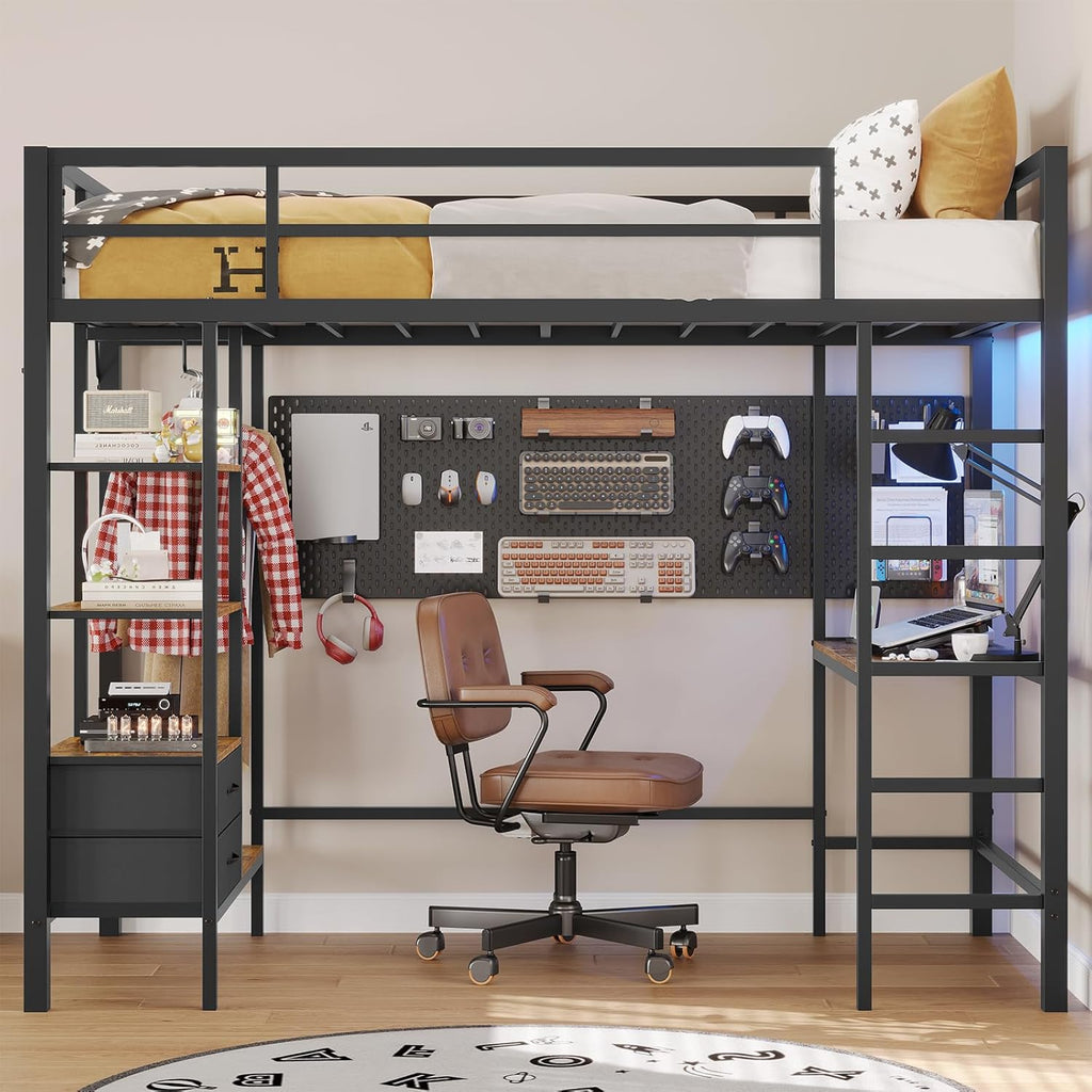 Mabor Twin Loft Bed with Desk&Charging Stations&Led Lights, LED Metal Loft Bed Frame with Storage Shelves&Drawers&Clothes Rail, Safety Guard & Ladder, Black